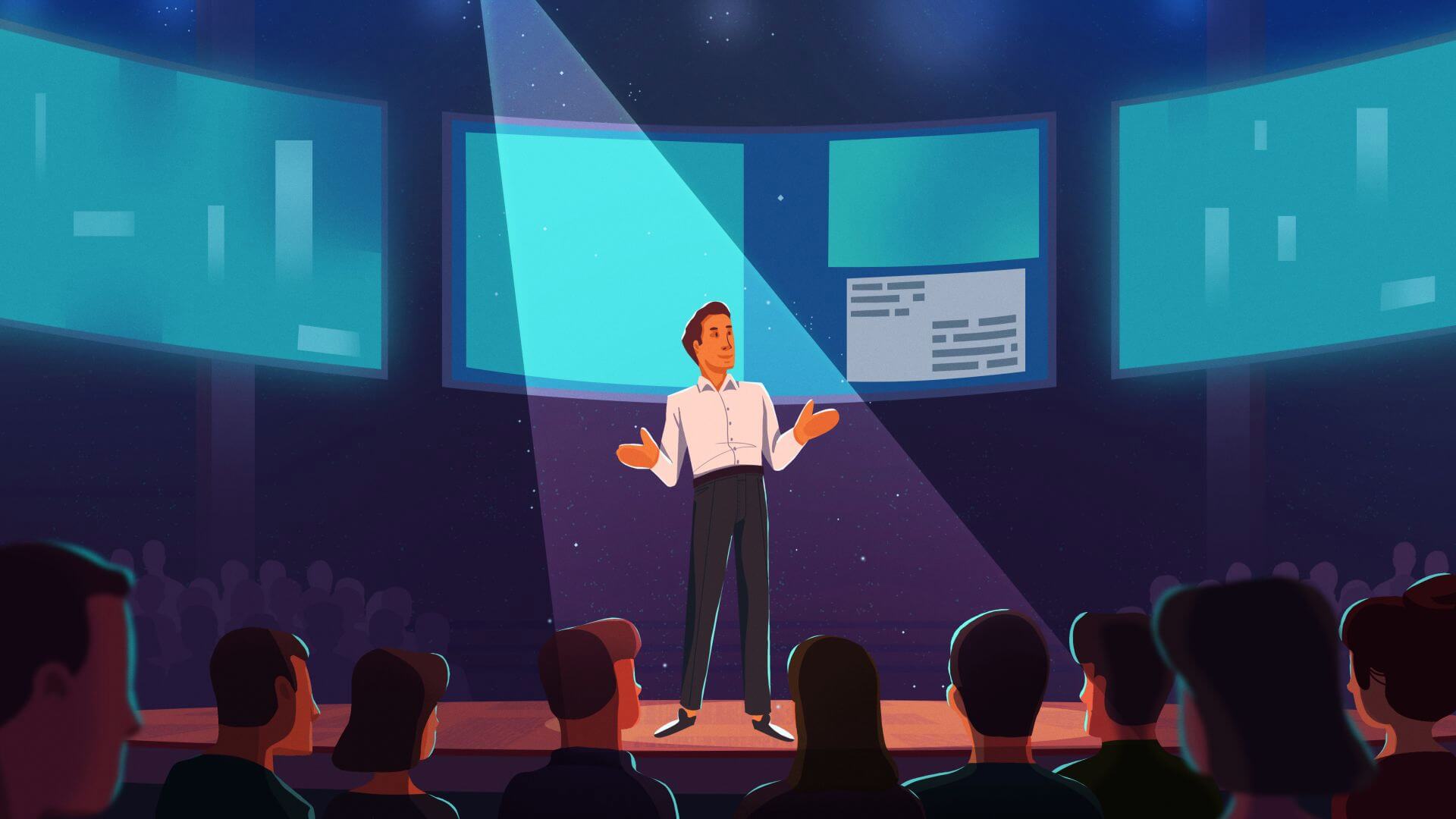 A speaker in a white shirt gestures in a spotlight on stage before giant screens and an audience, from the Haerfest brand animated video.