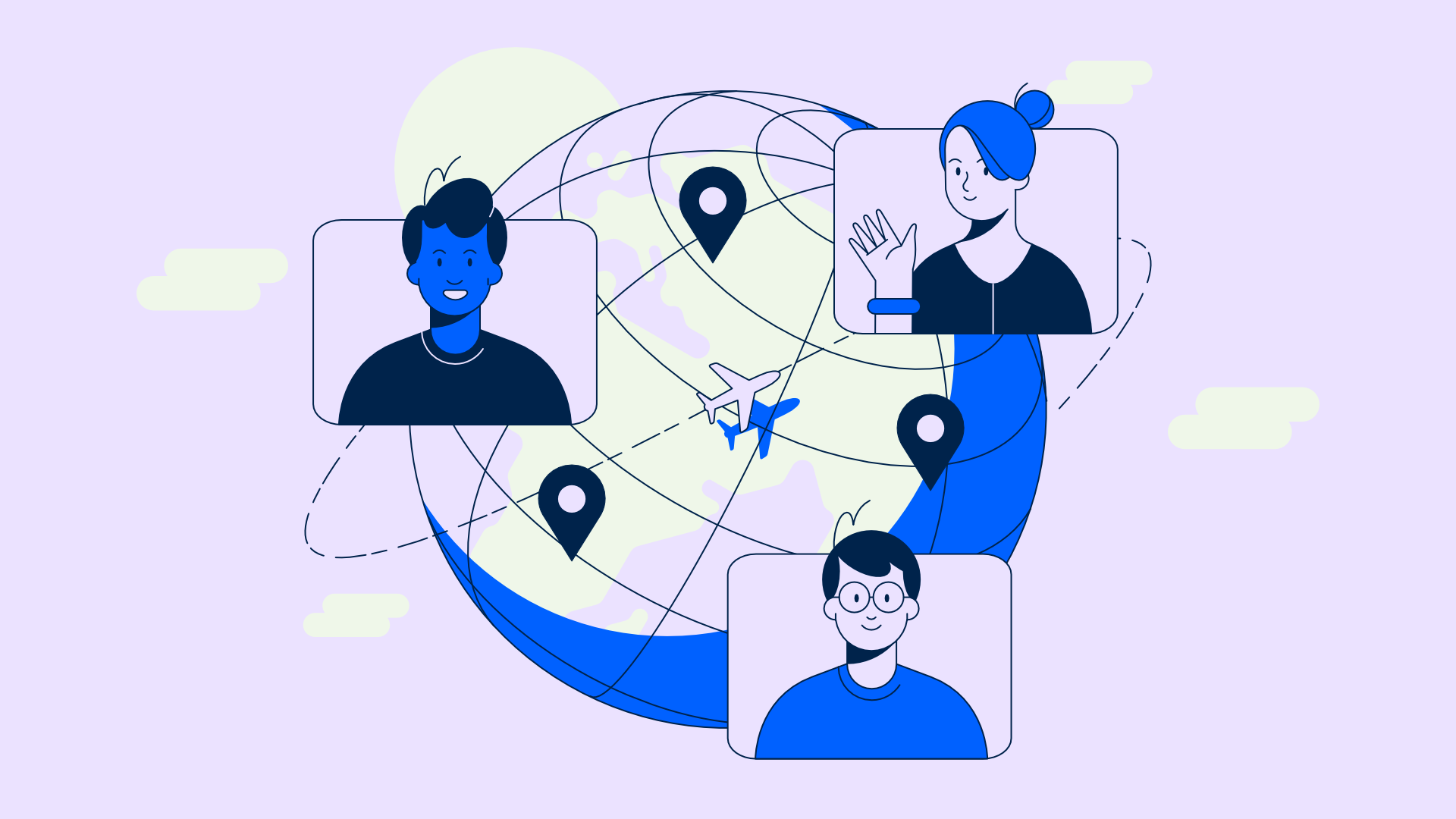 Three video call portraits orbiting a globe with location pins and a plane crossing continents, from the Remote relocation animated video.