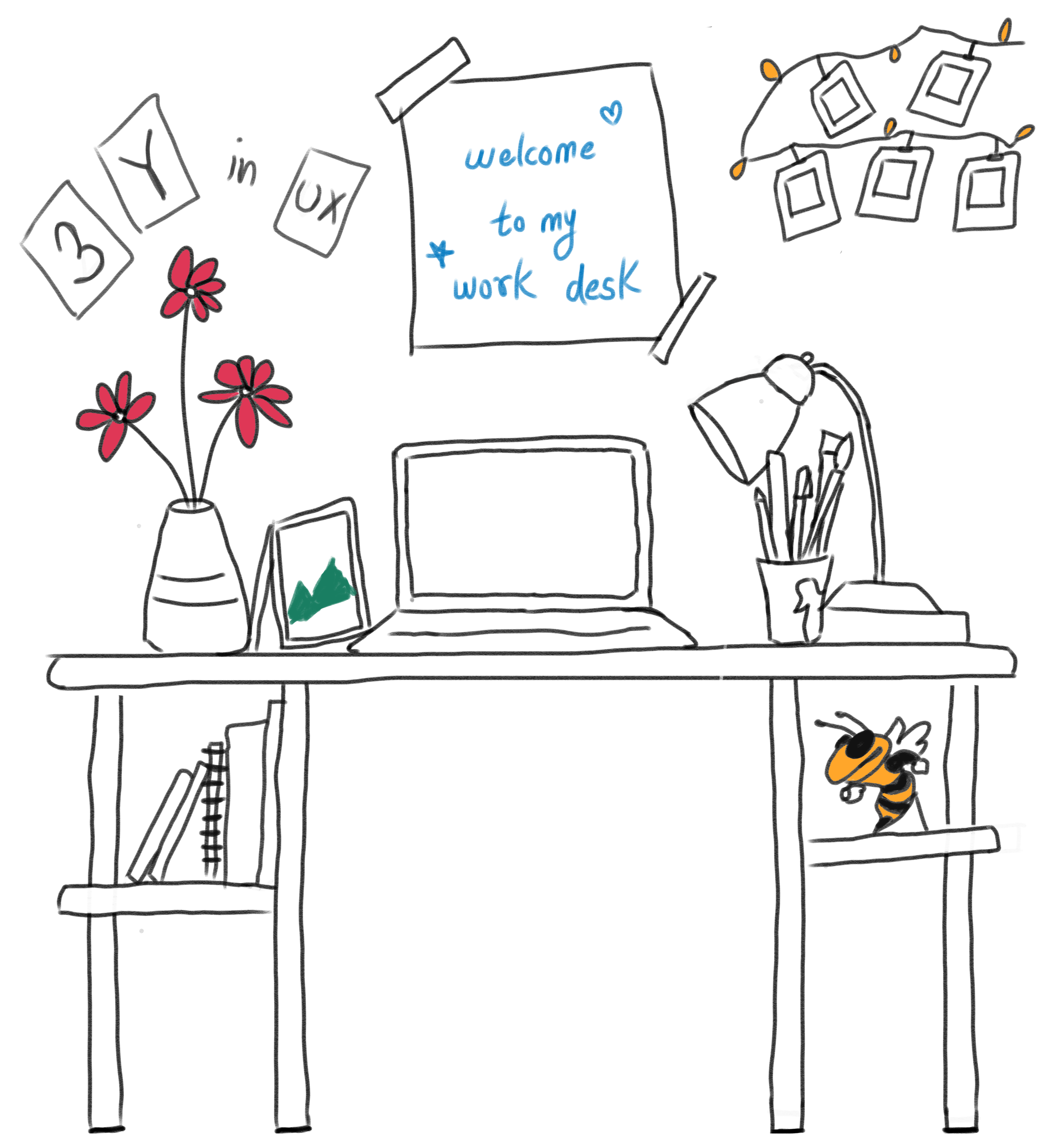 A work desk illustration which shows a laptop,a flowered plant, georgia tech mascot doll, cards that indicate 3 years in UX and a sign that says welcome to my desk