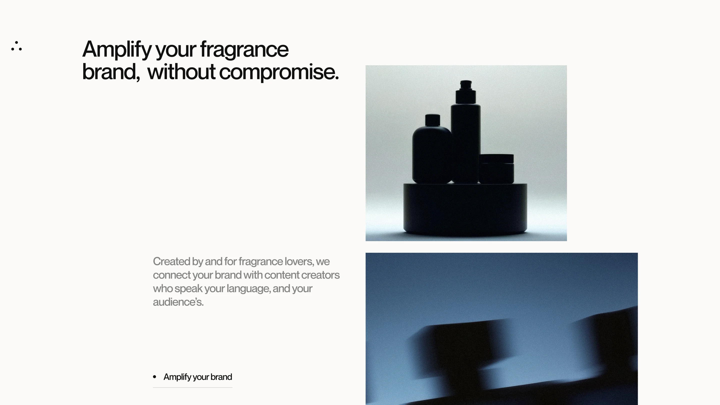 Silhouettes of three black fragrance bottles of different shapes on a round platform against a light background.