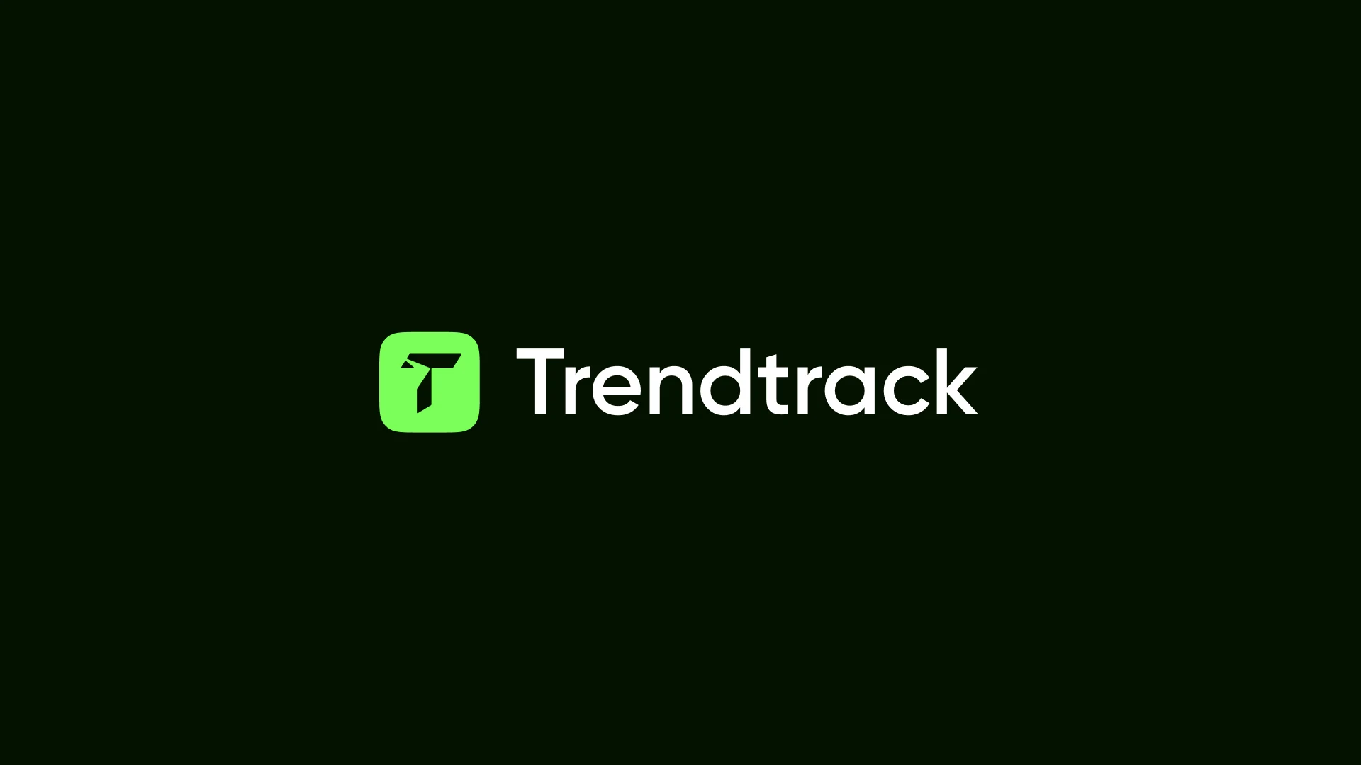 Green square with stylized T and word Trendtrack in white on black background.