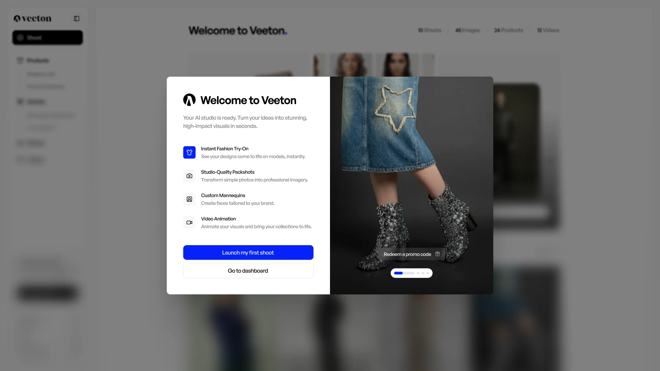 Veeton AI studio welcome screen showing features and a photo of legs in star-patched jeans and sparkly boots.
