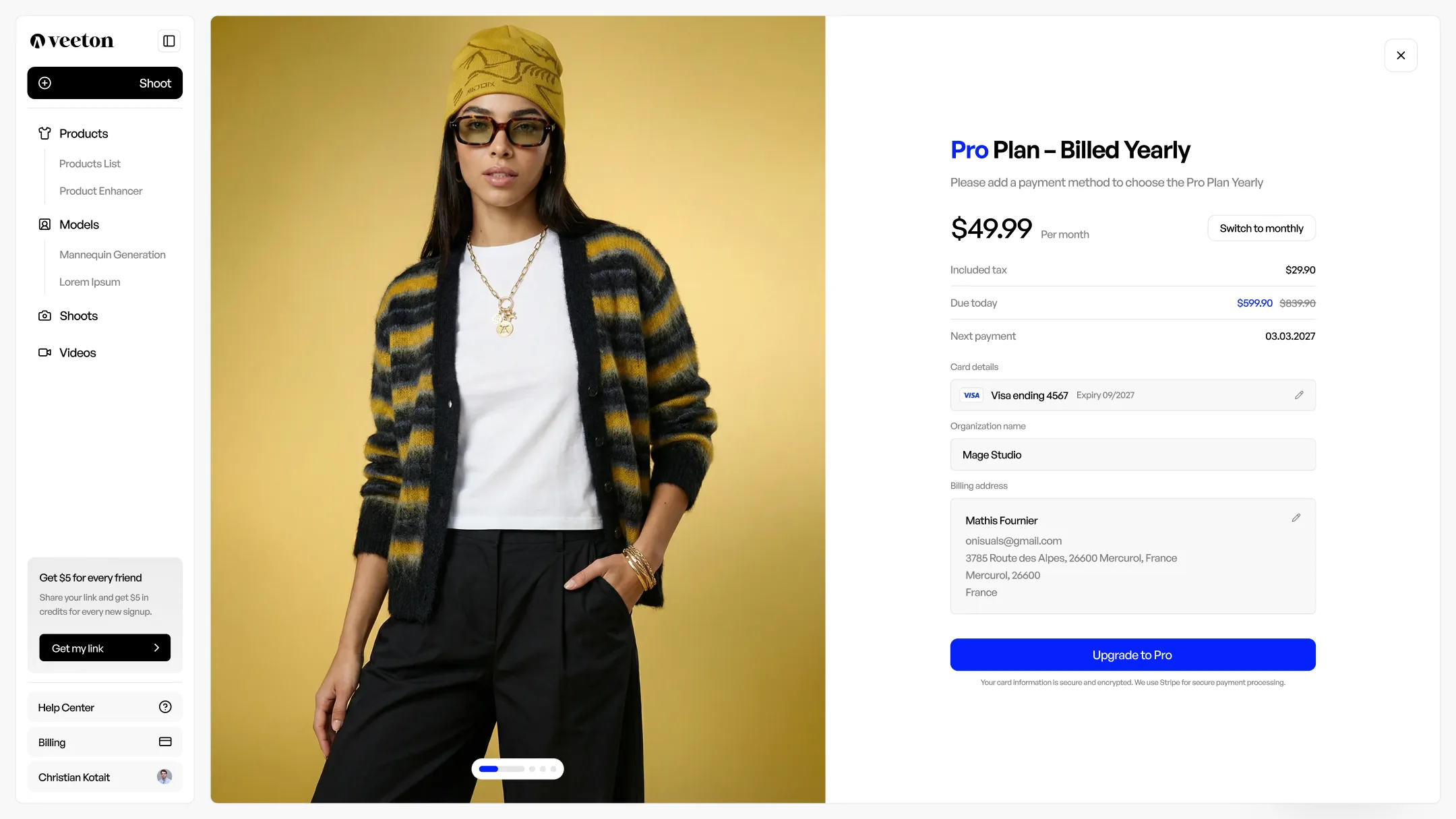 Woman in striped cardigan, white shirt, yellow hat, and glasses posing against a yellow background with billing info panel.