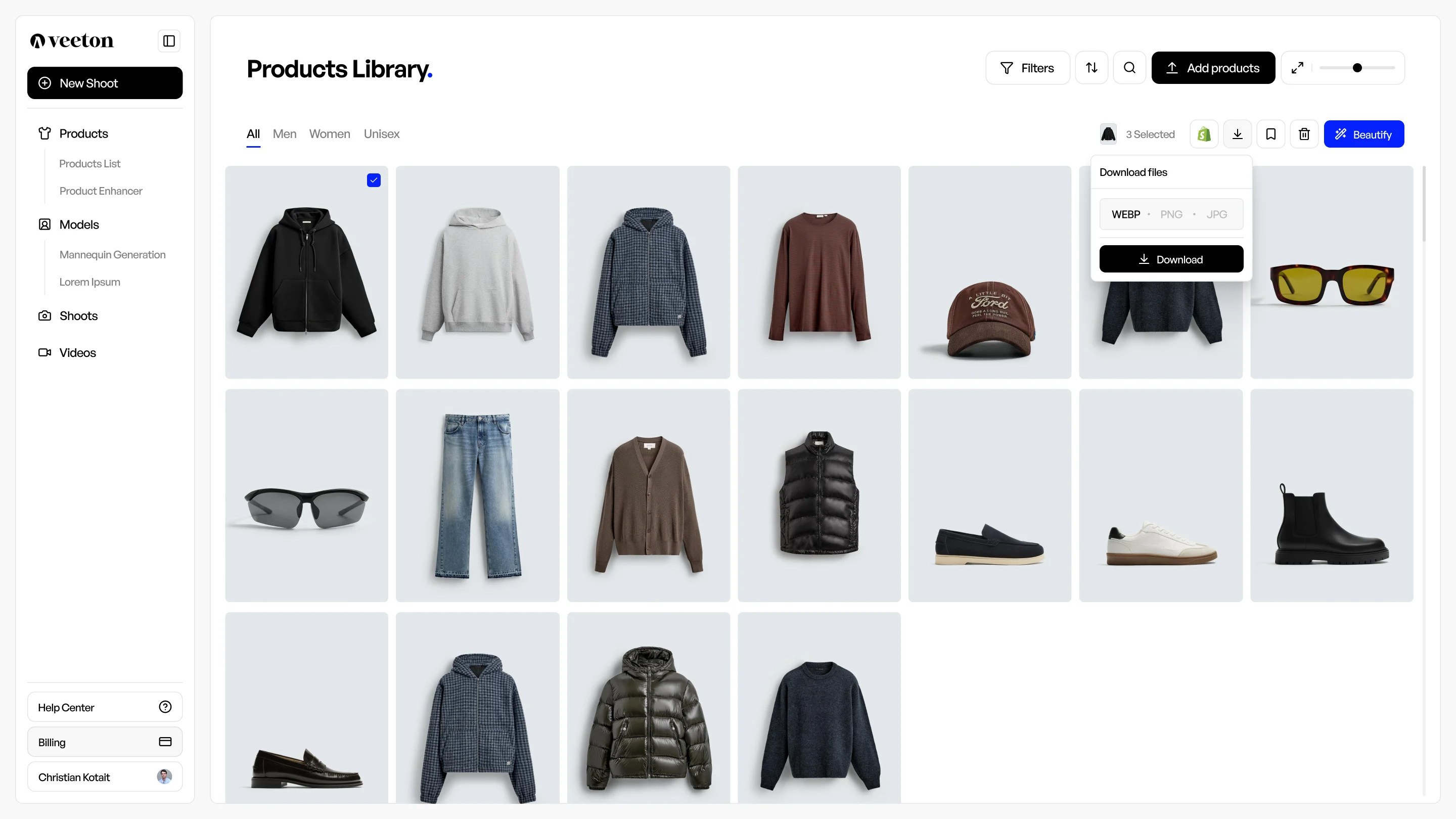 User interface showing product library with clothing items, accessories, and download options.