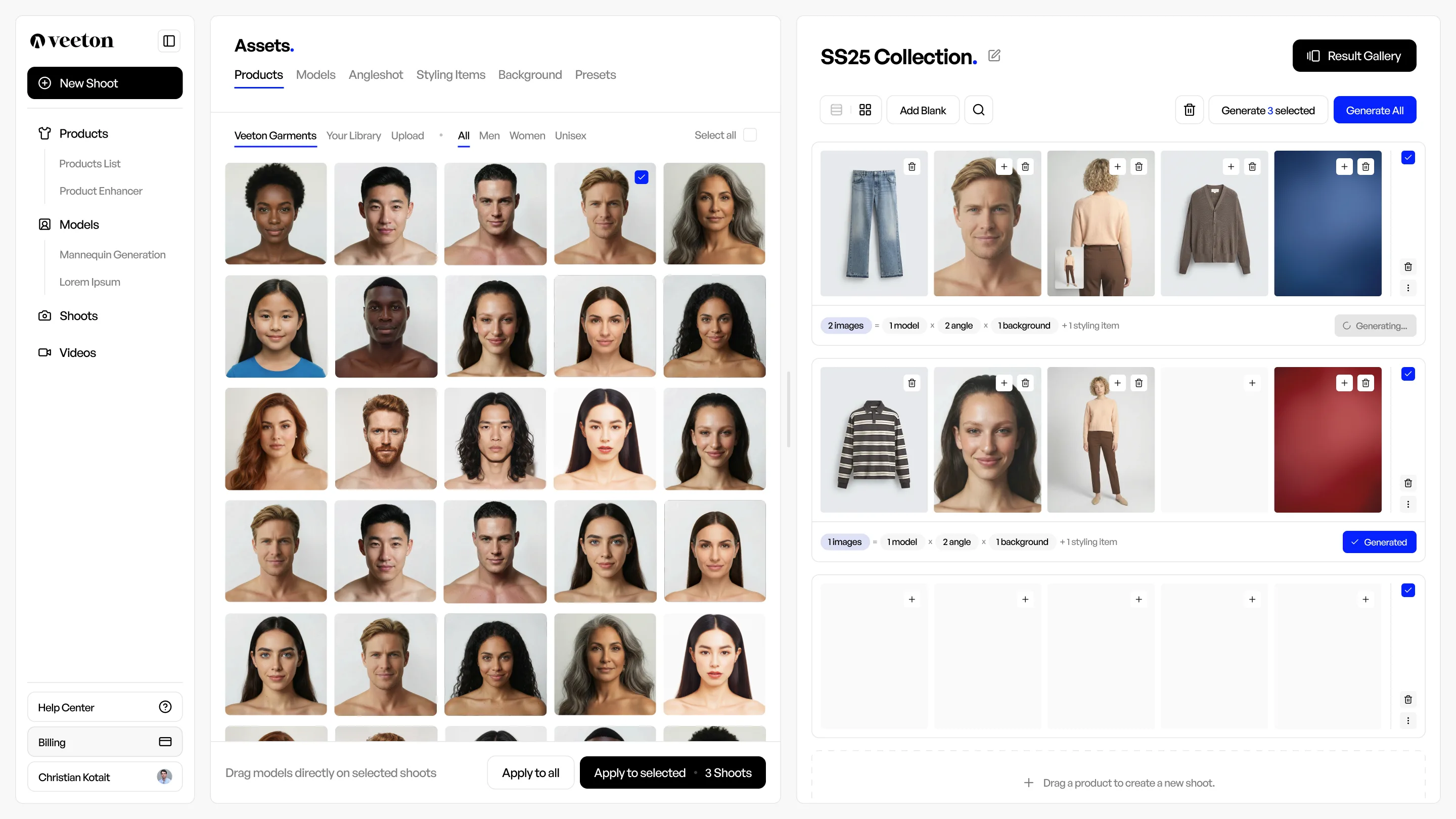 Clothing shoot app interface with diverse model portraits and fashion products for selection and styling.