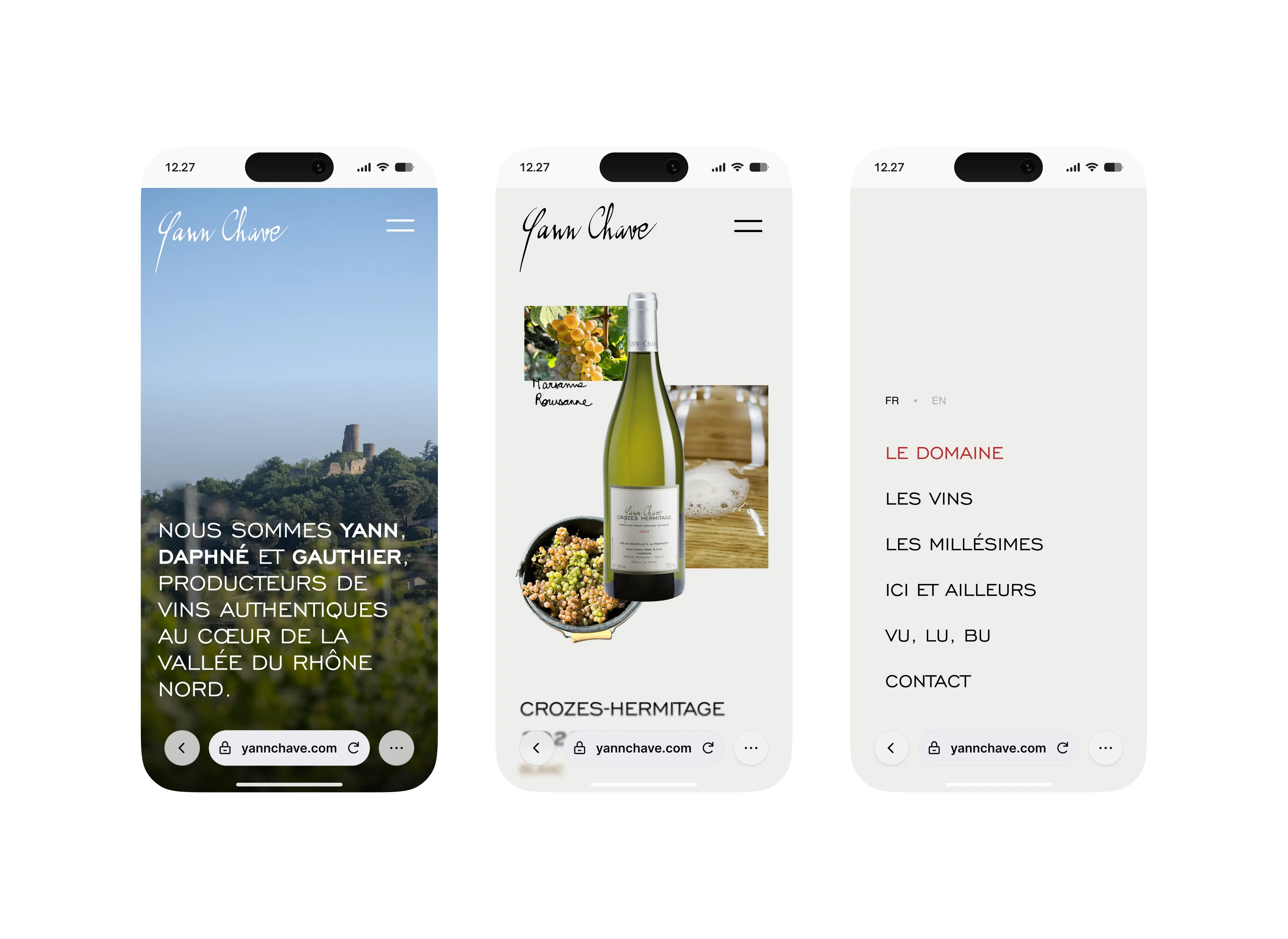 Three mobile screens showing Yann Chave wine site: vineyard view, bottle with grapes, and menu in French.
