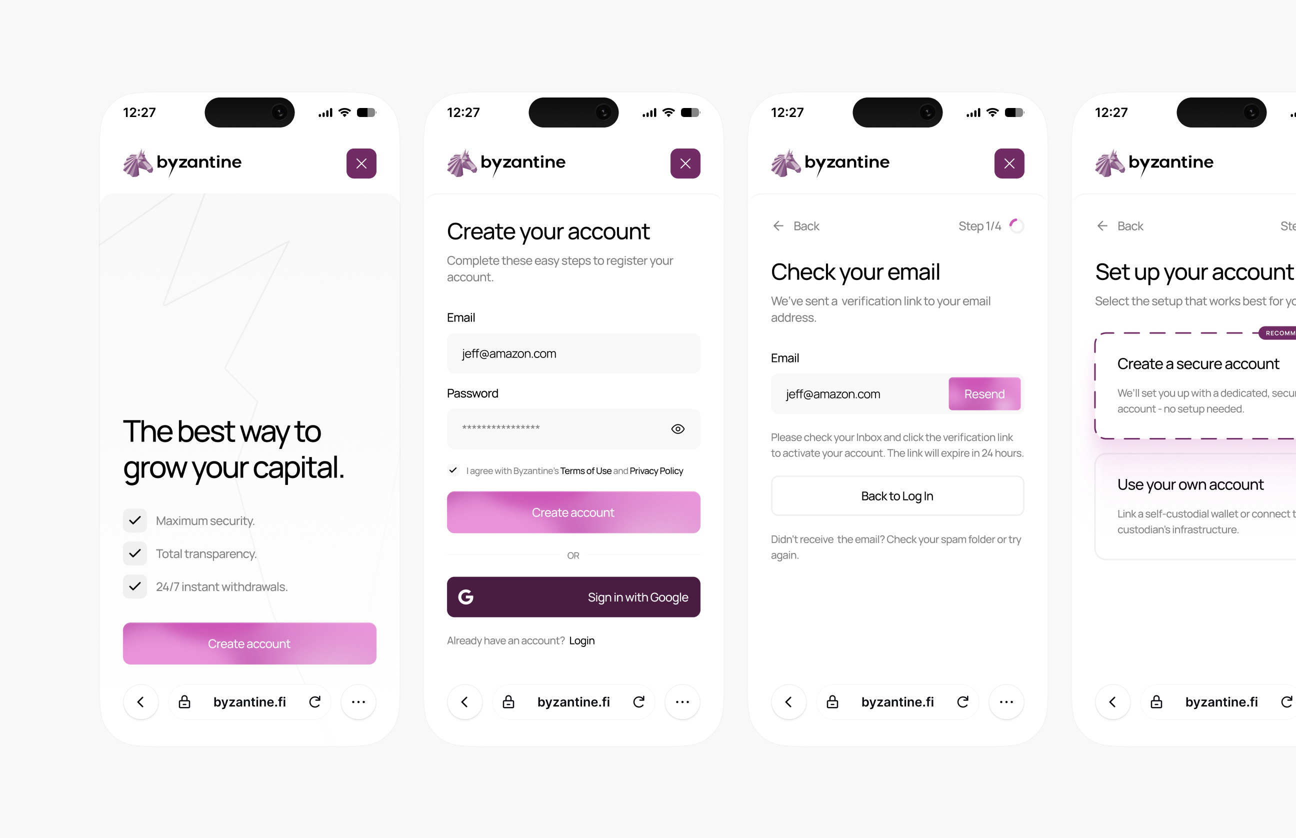 Four mobile screens showing Byzantine app onboarding: intro, create account, email verification, and account setup options.