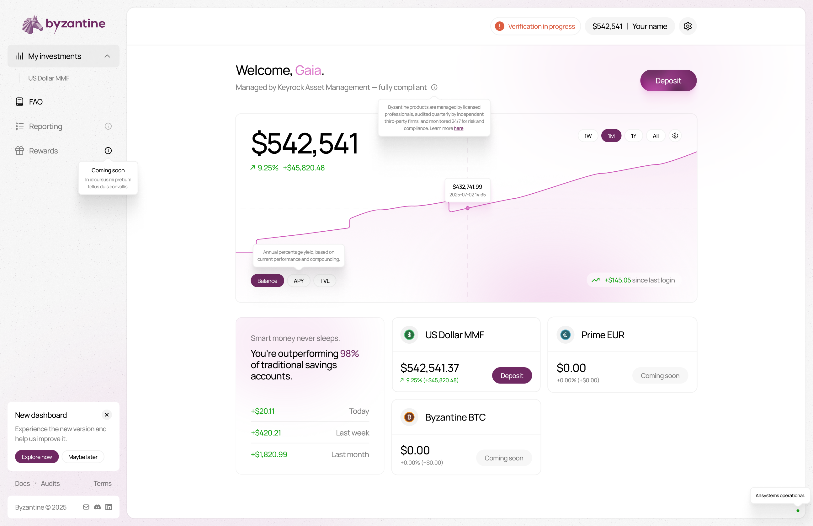 Investment dashboard showing $542,541 balance, 9.25% growth, portfolio graph, and multiple fund details.