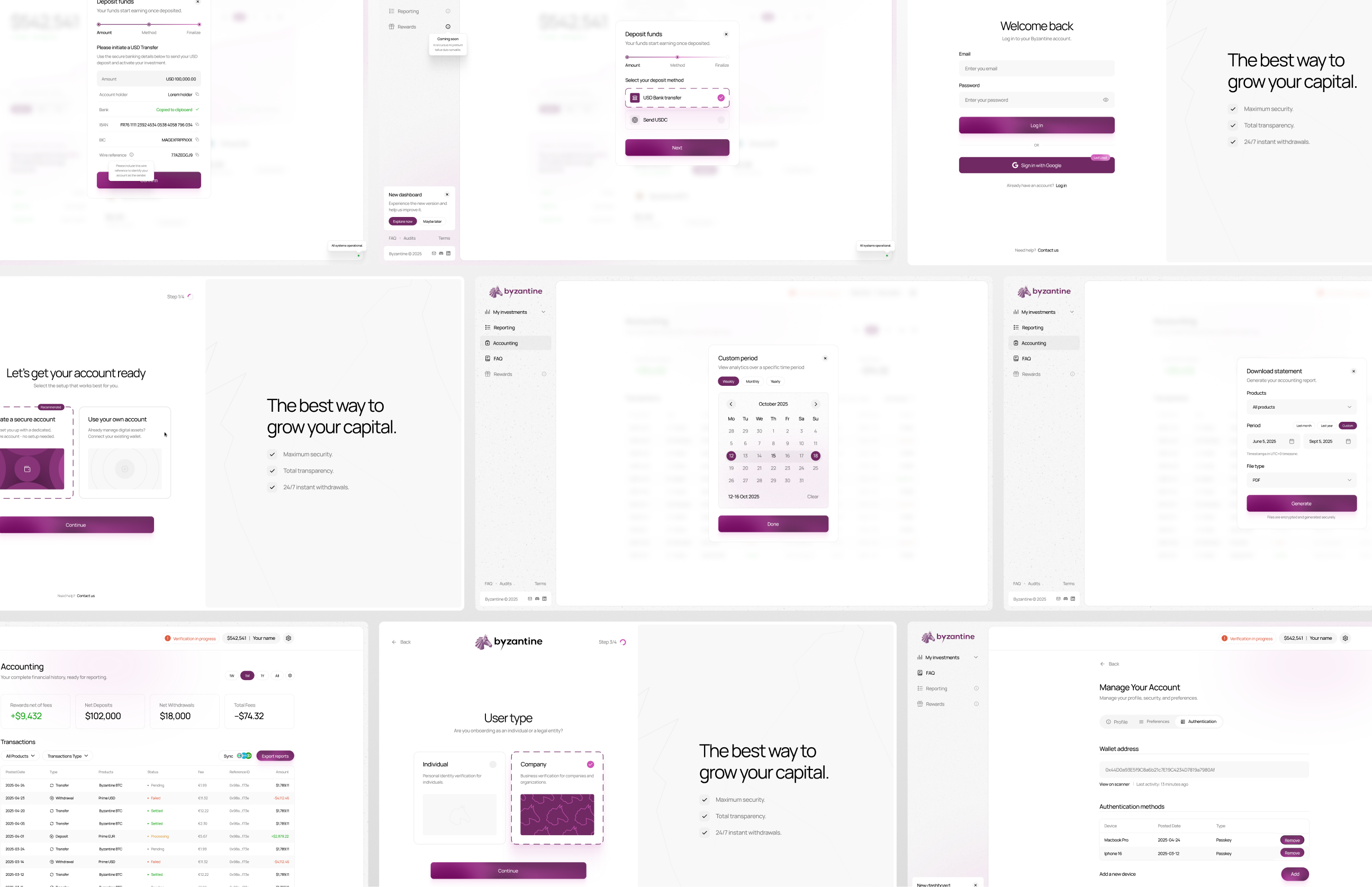 Dashboard screens showing account setup, deposit, login, report, calendar, and security settings for investment platform.
