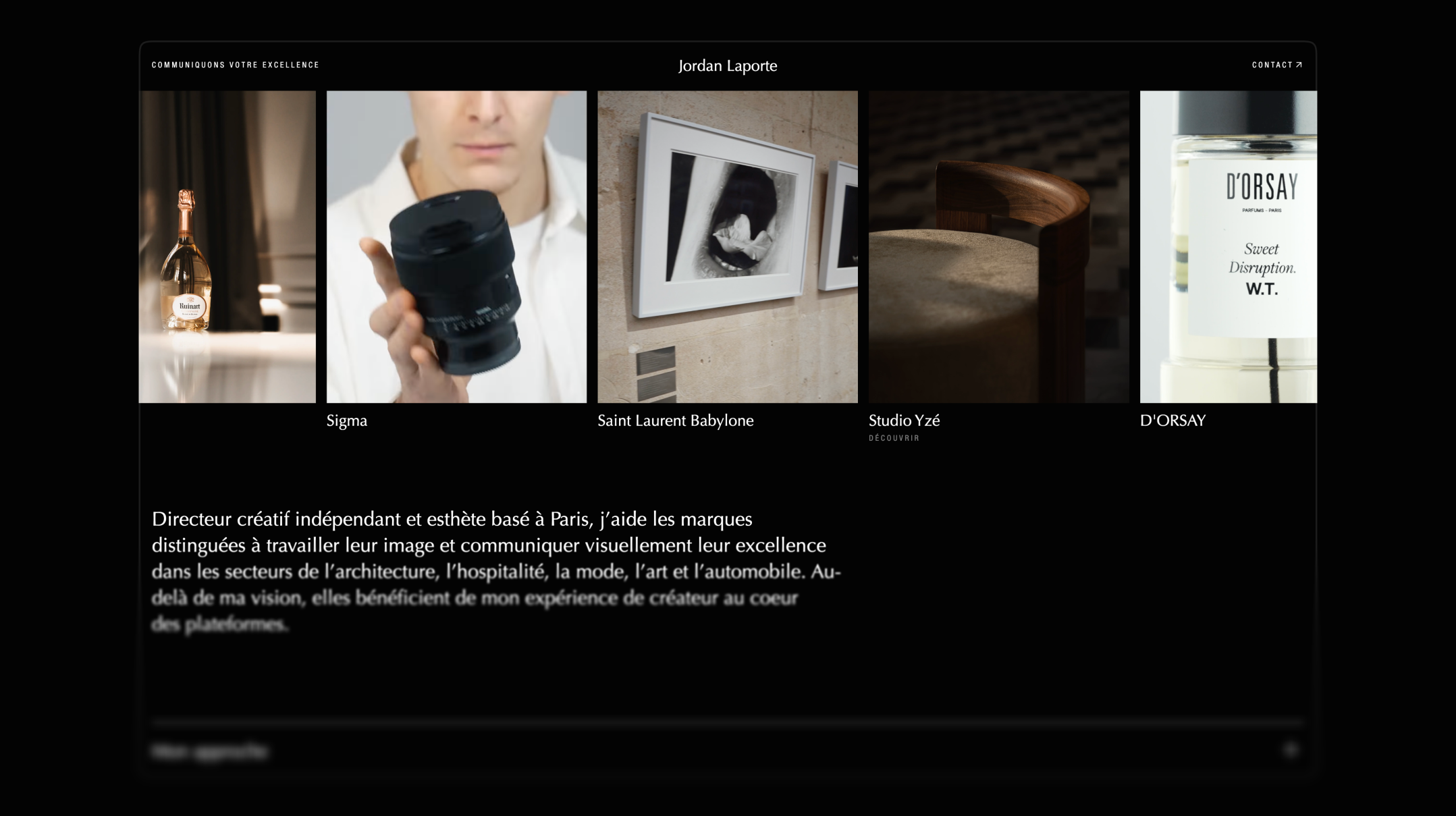Website showing images of a champagne bottle, camera lens, framed photo, wooden chair, and perfume bottle.