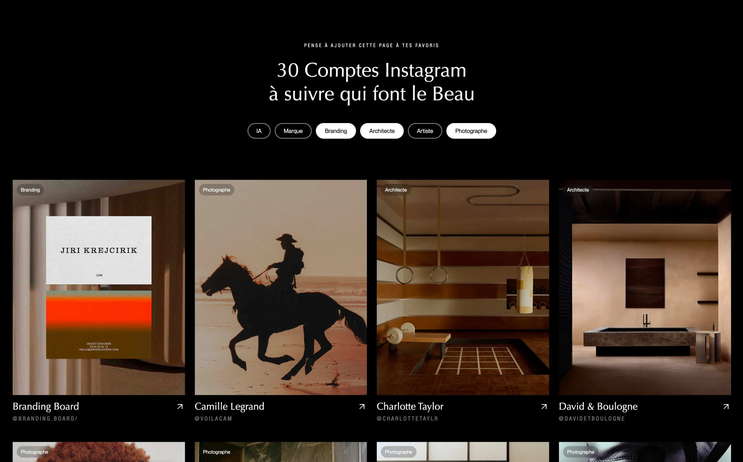 Website section listing 30 Instagram accounts to follow, showing branding, photography, and architecture examples.
