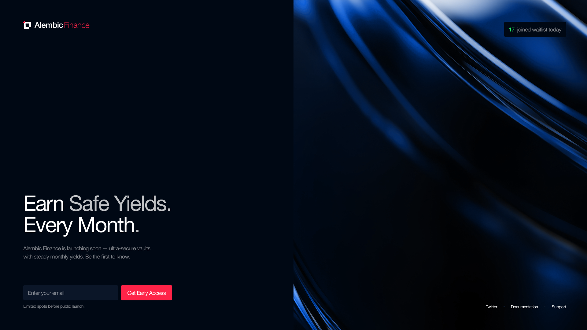 Alembic Finance landing page with text about earning safe yields monthly and an email signup form.