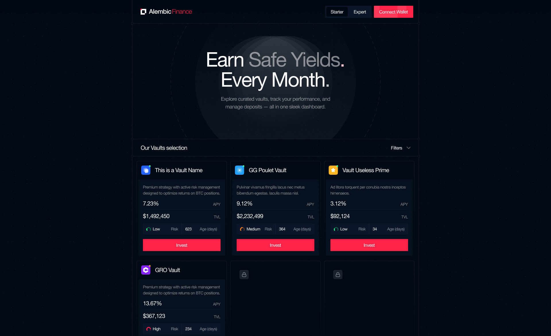 Finance dashboard showing vaults with APY, TVL, risk level, age, and invest buttons on dark background.