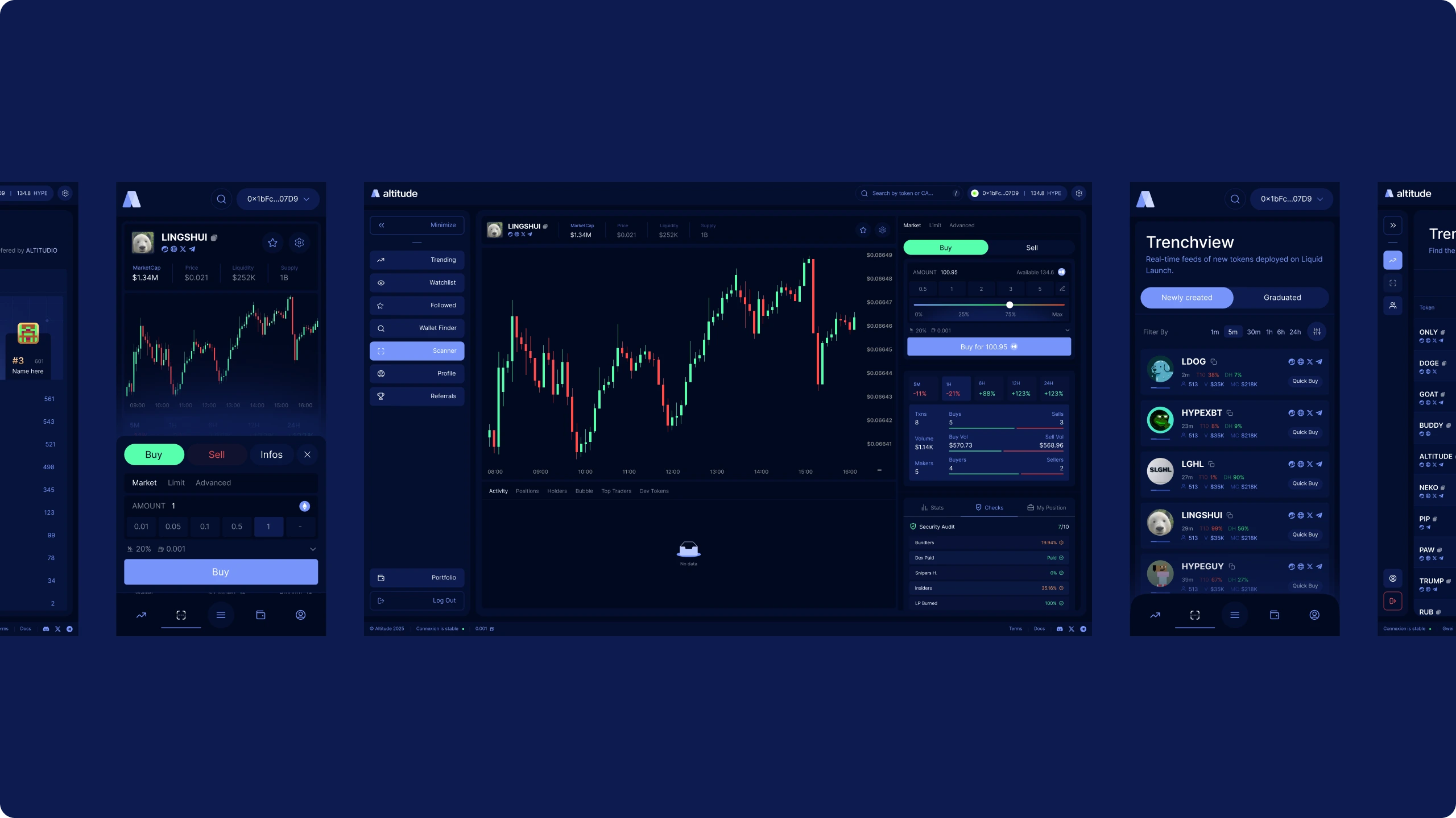 Cryptocurrency trading platform screens showing market charts, buy/sell options, and token lists in dark mode.