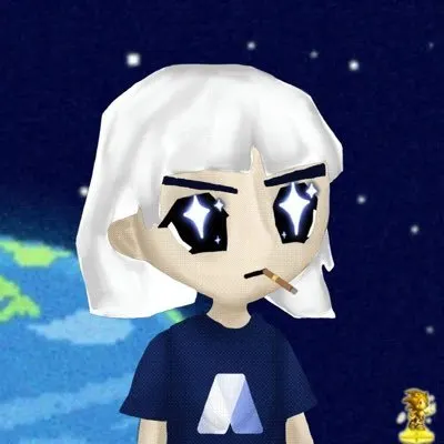Cartoon character with white hair, starry eyes, and a cigarette wearing a navy shirt with a white logo.