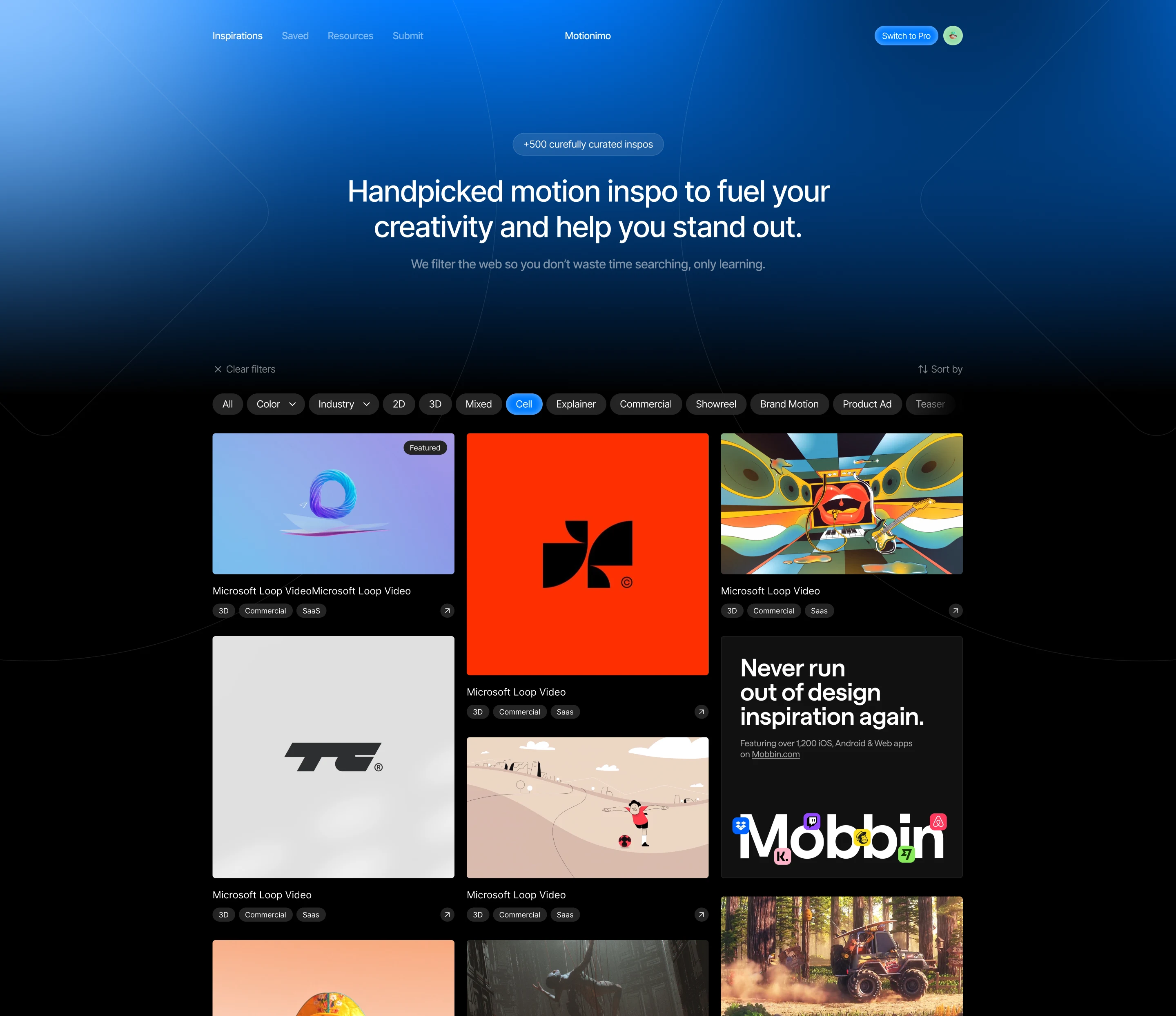 Website homepage showing curated motion design inspirations with filter options and video thumbnails.