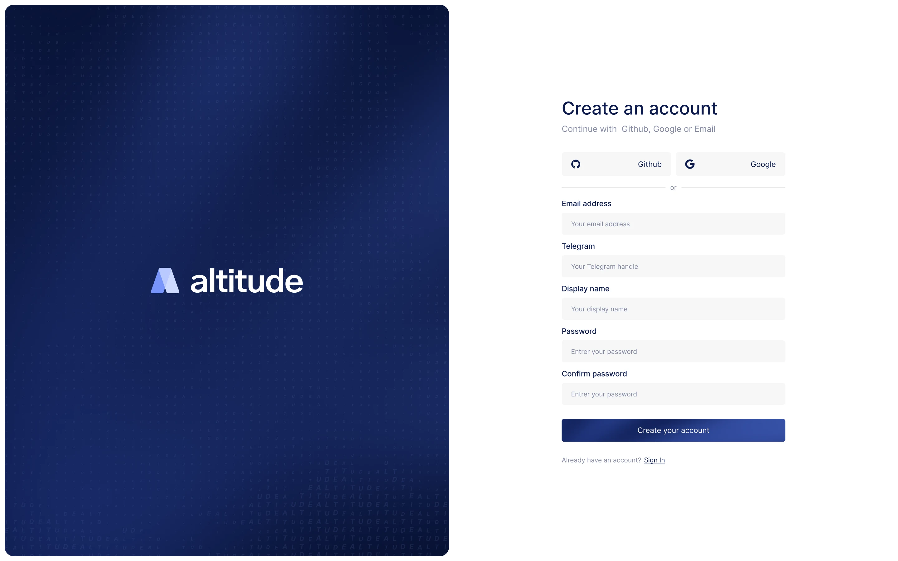 Altitude logo on left; sign-up form on right with options for Github, Google, email, Telegram, password, and display name.