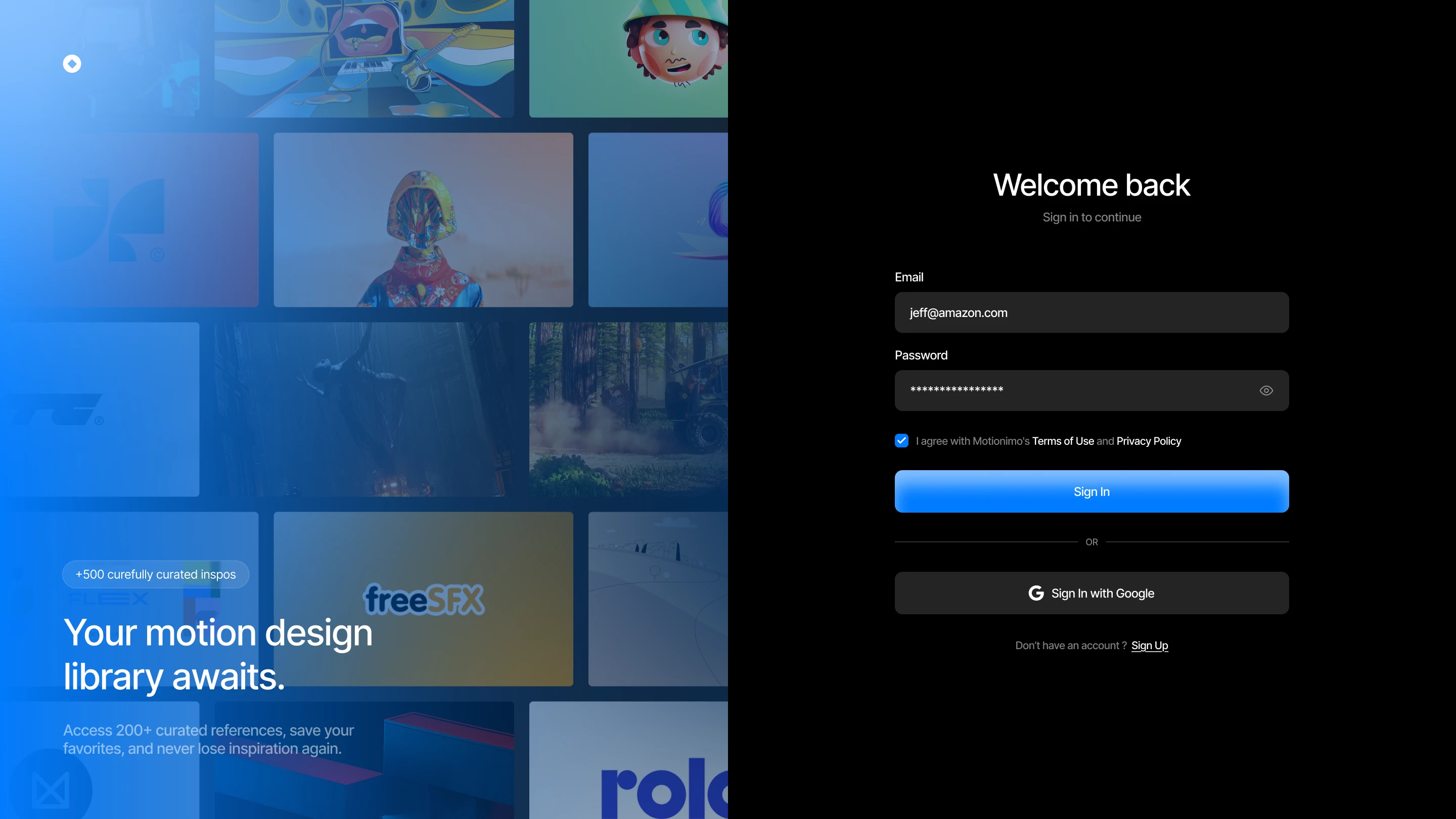 Split screen with motion design gallery on left and login form on right for email and password sign-in.