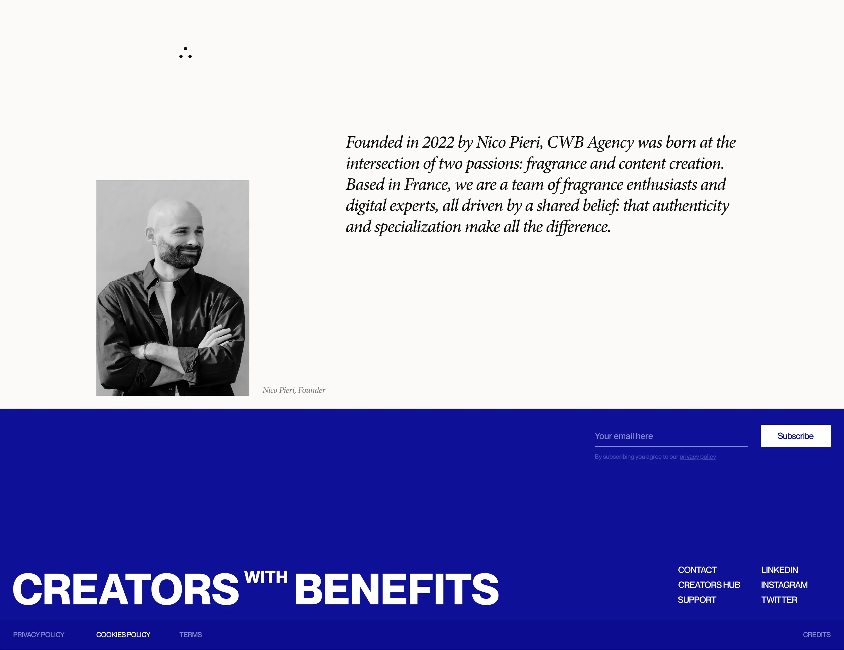 Black and white photo of Nico Pieri with a message about CWB Agency's founding and mission.