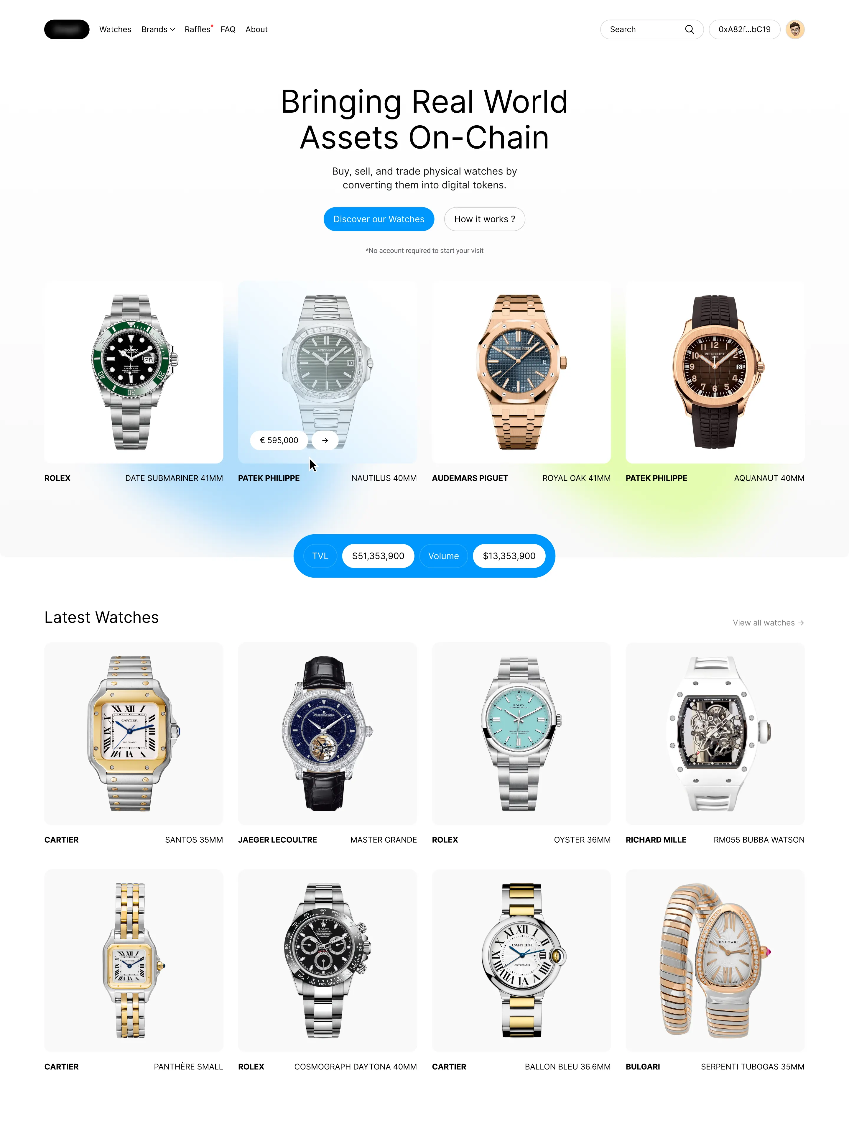 Online marketplace homepage showing luxury watches for sale as digital tokens including Rolex and Patek Philippe.