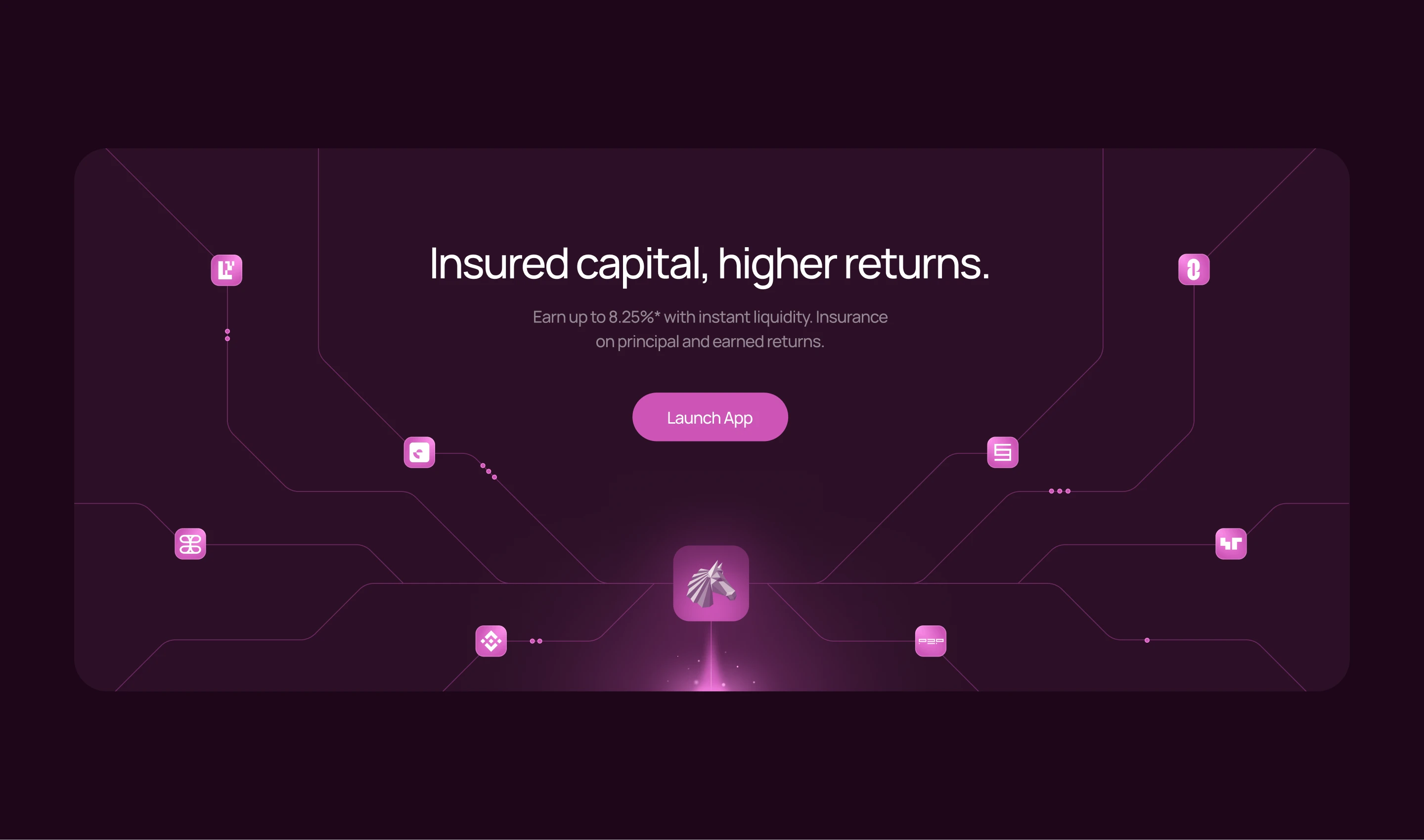 Digital graphic with text 'Insured capital, higher returns' and a purple 'Launch App' button.