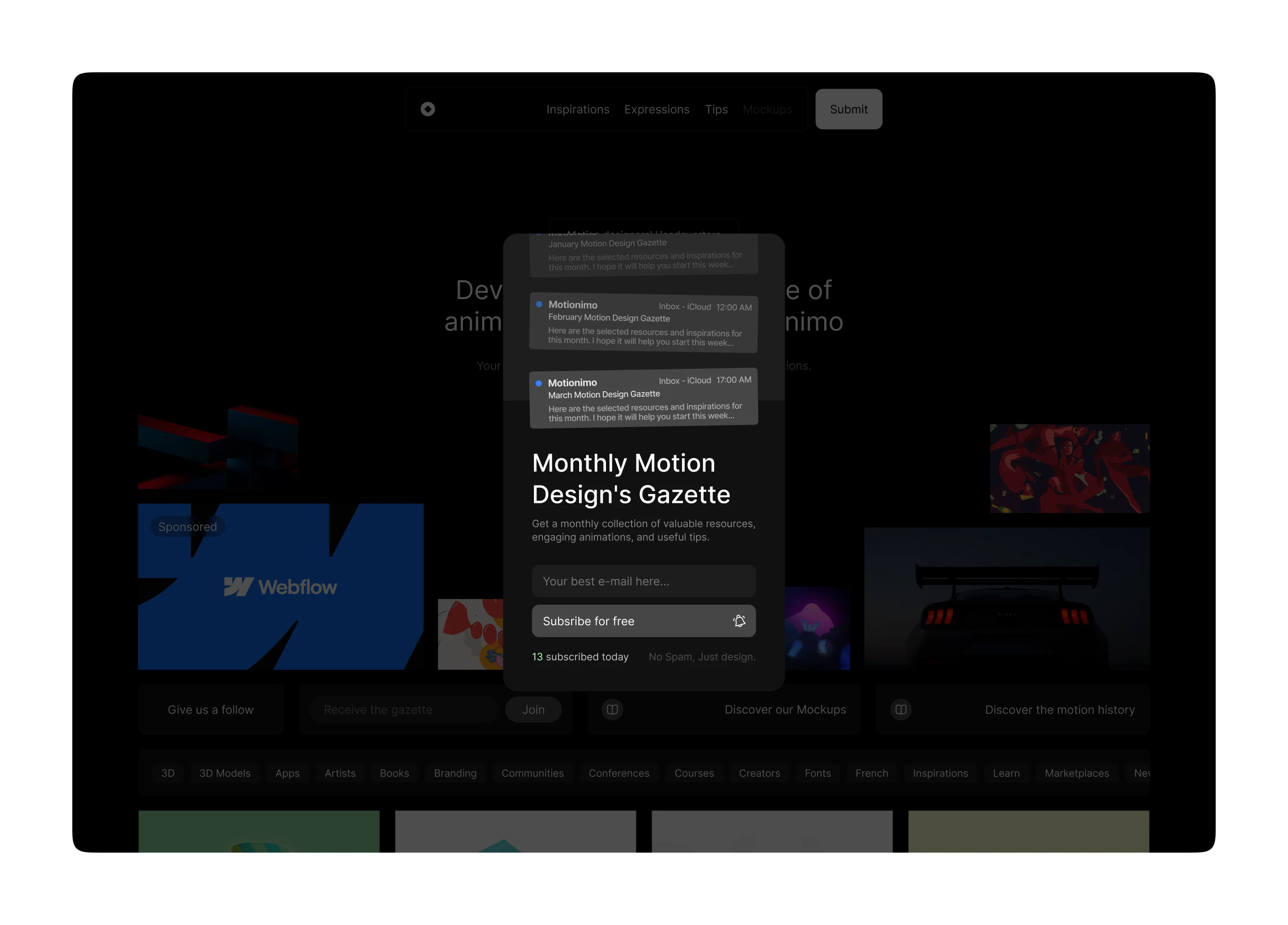 Subscription pop-up on a dark website for Monthly Motion Design's Gazette with email input and subscribe button.
