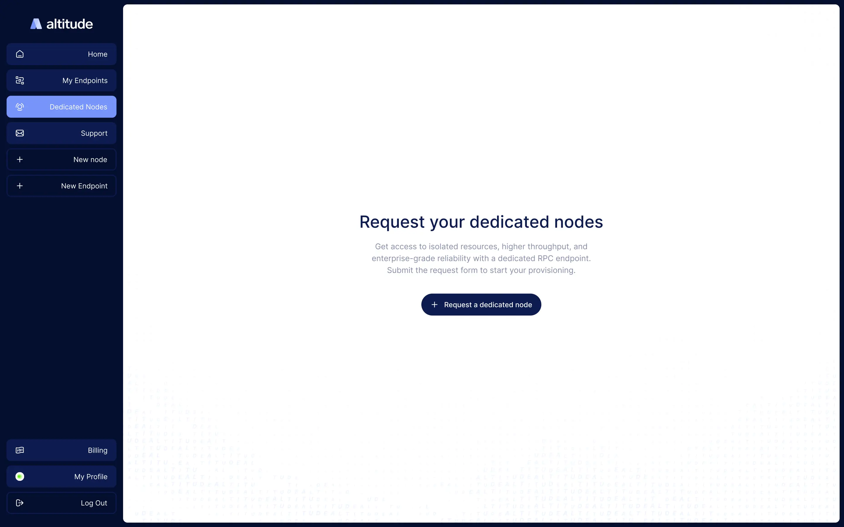 Dashboard page prompting to request dedicated nodes with a button for node provisioning.