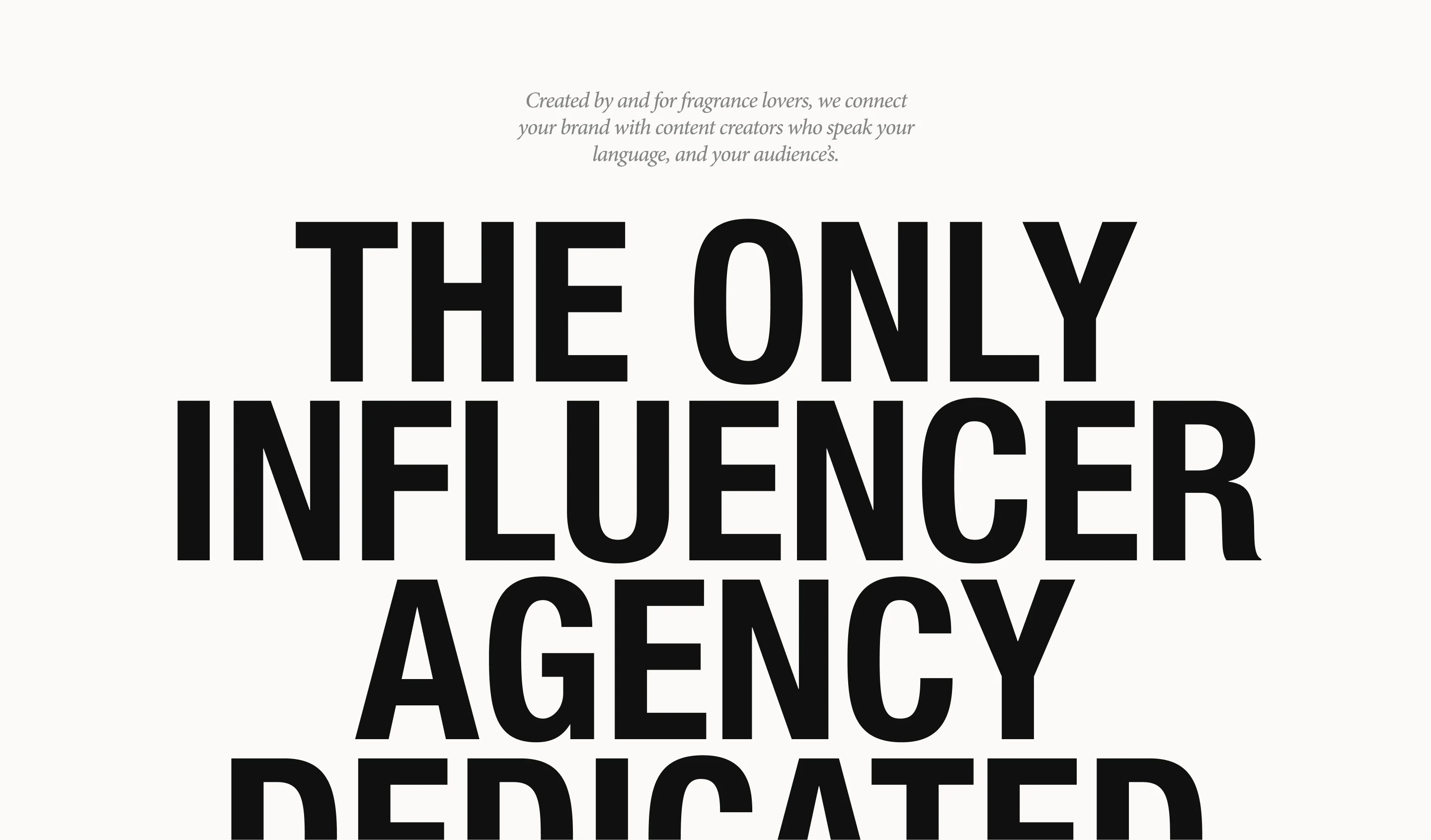 Text stating connection of fragrance brands with content creators in a dedicated influencer agency.
