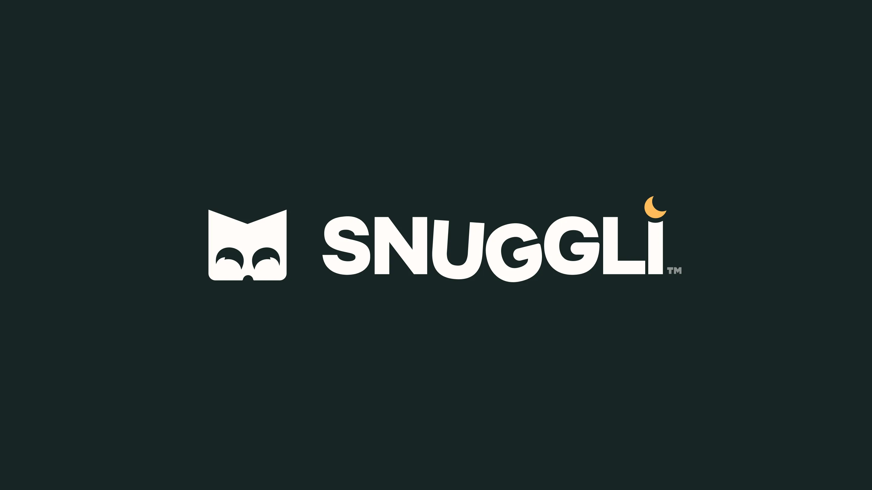 Logo for Snuggli with a stylized cat face and a crescent moon over the letter i on dark background.
