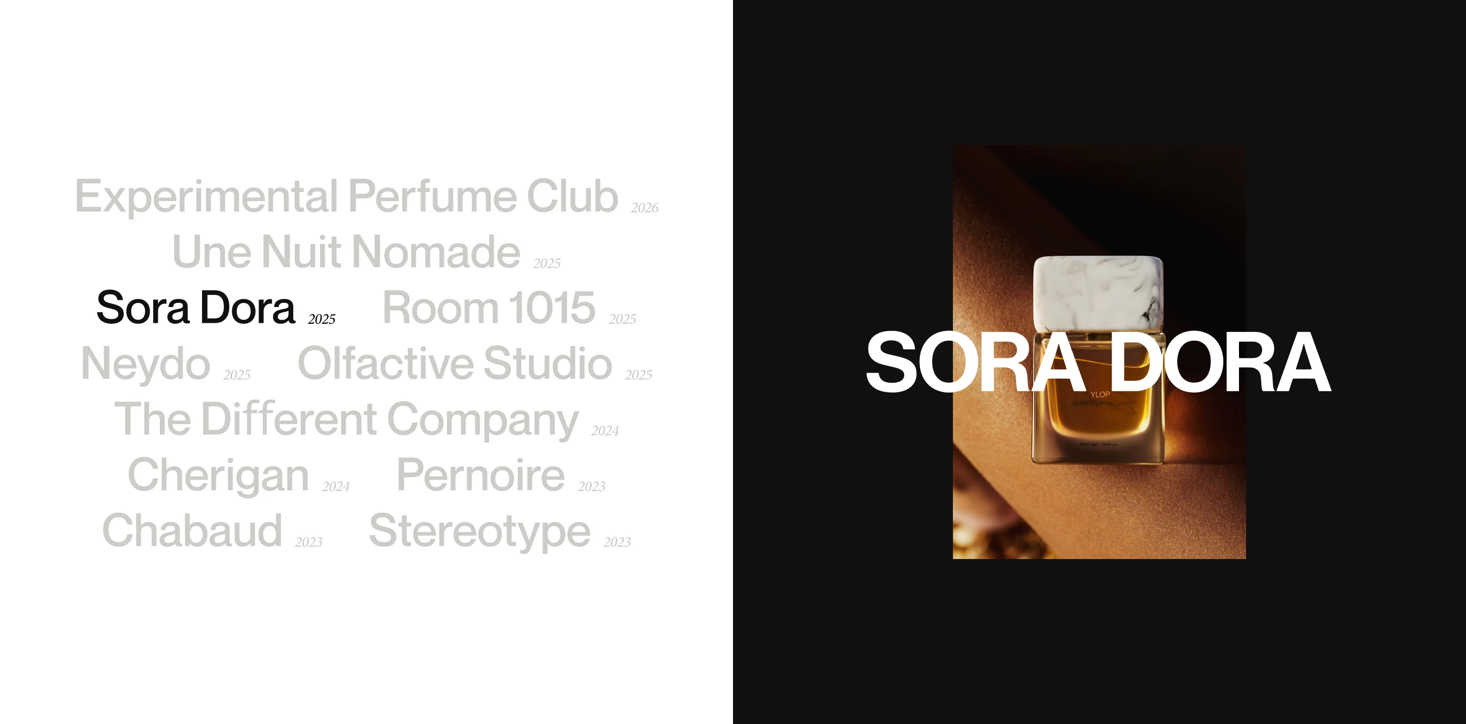 Perfume bottle with marble cap on dark surface with white text ‘SORA DORA’ over it.