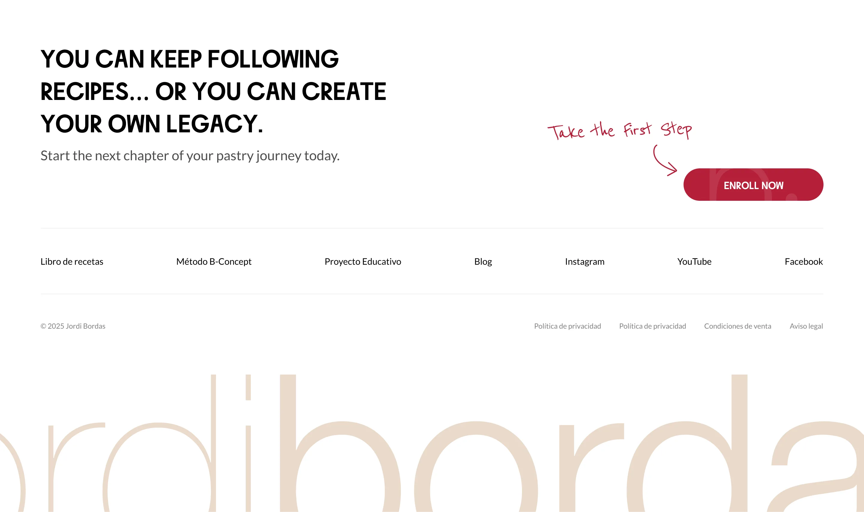 Text encouraging creating your own legacy with a red enroll now button and site footer links.