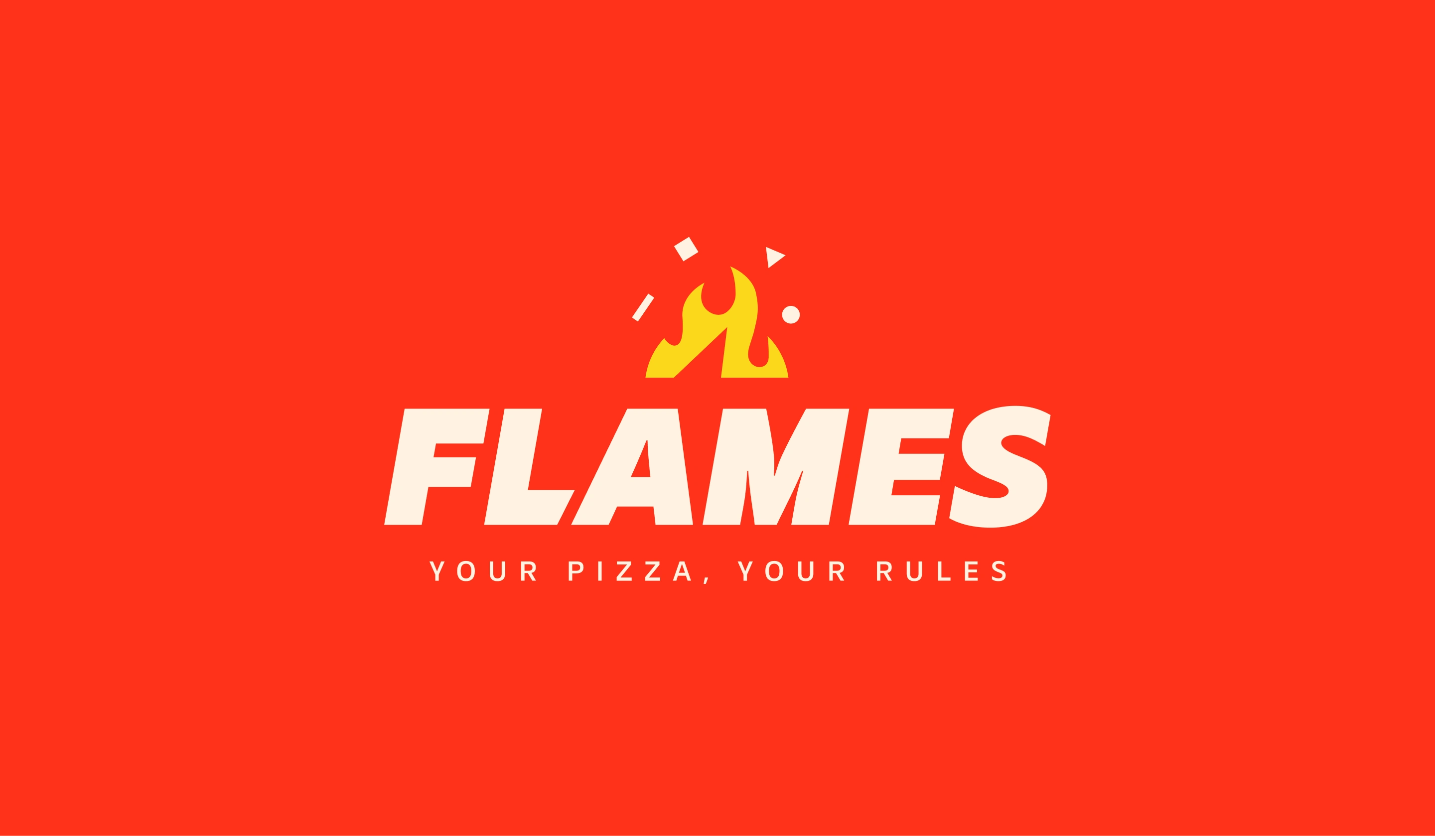 Flames pizza logo with a yellow flame icon and text Your Pizza, Your Rules on red background.
