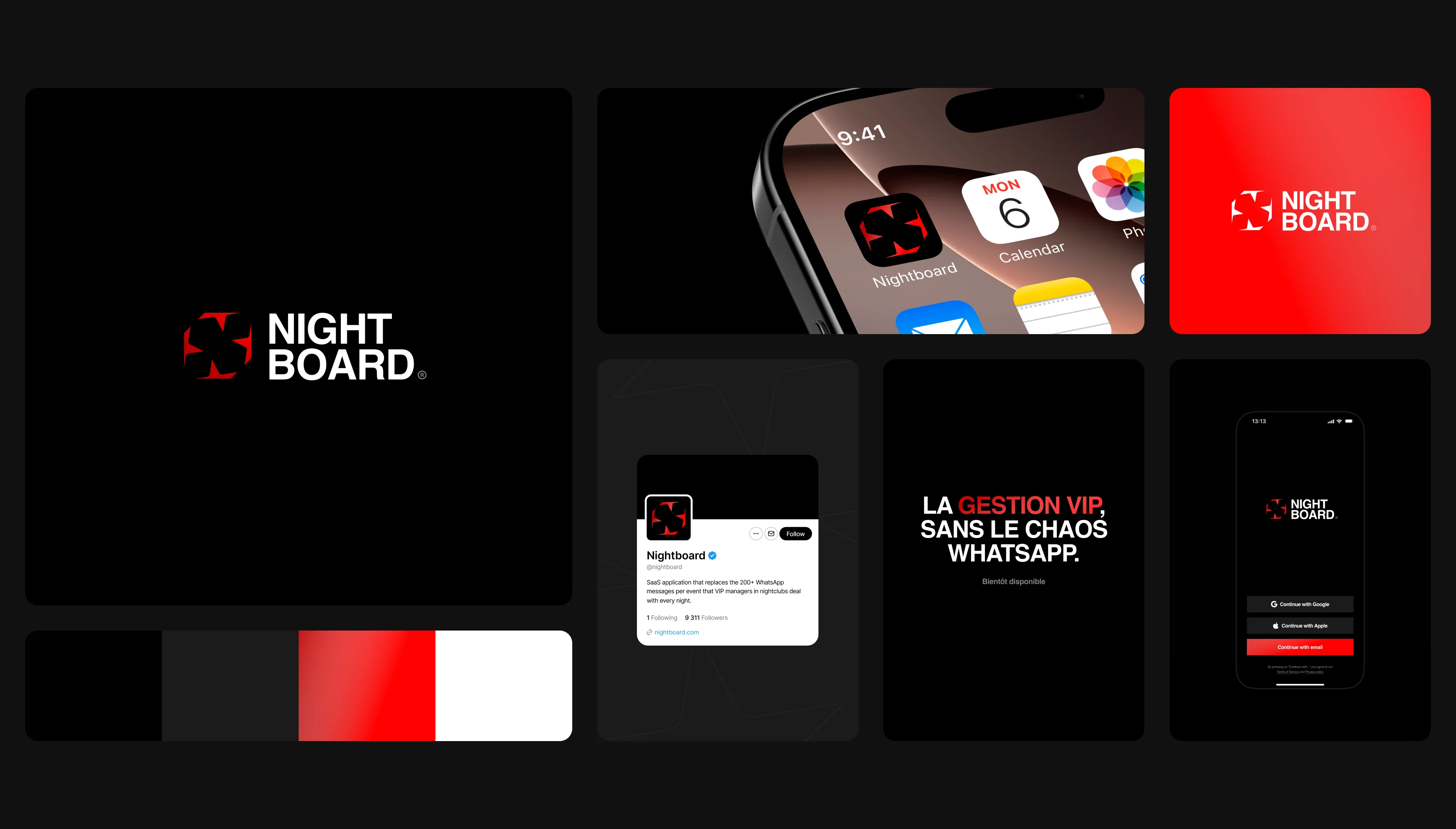 Collage showing Nightboard logo, app on phone, login screen, Twitter profile, colors, and French text.