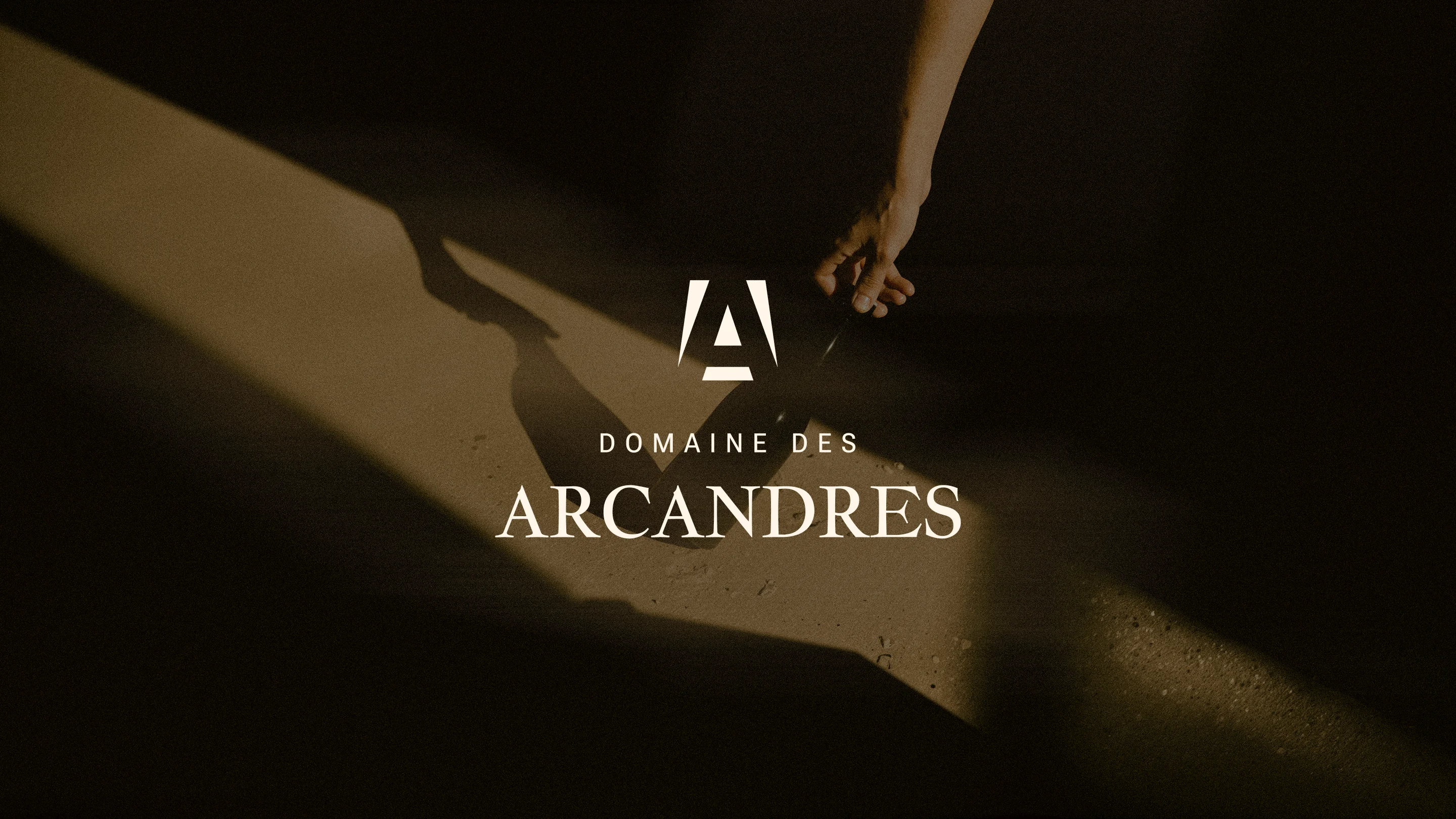 Hand holding a wine bottle casting a shadow on a surface with Domaine des Arcandres text overlay.