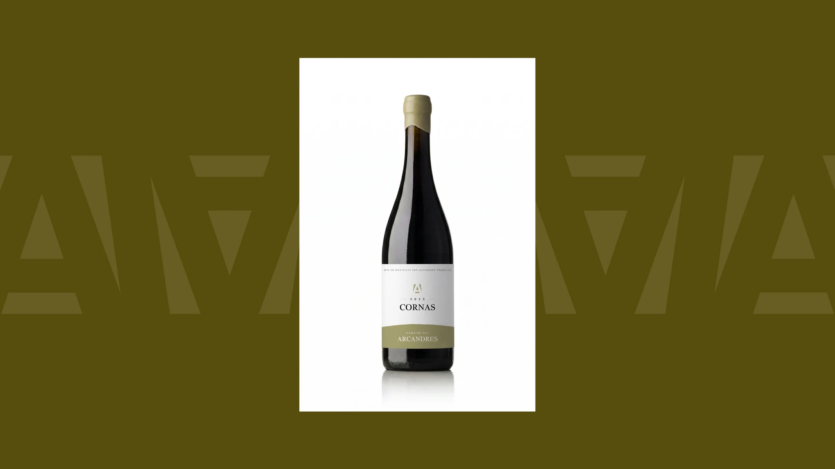 Bottle of 2025 Cornas Domaine des Arcandres wine with a white label and beige wax seal.
