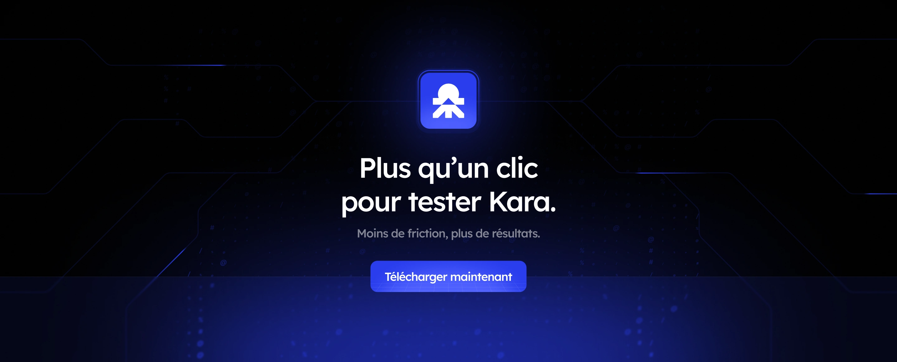 Blue Kara app icon above French text inviting to test Kara with a download button below.