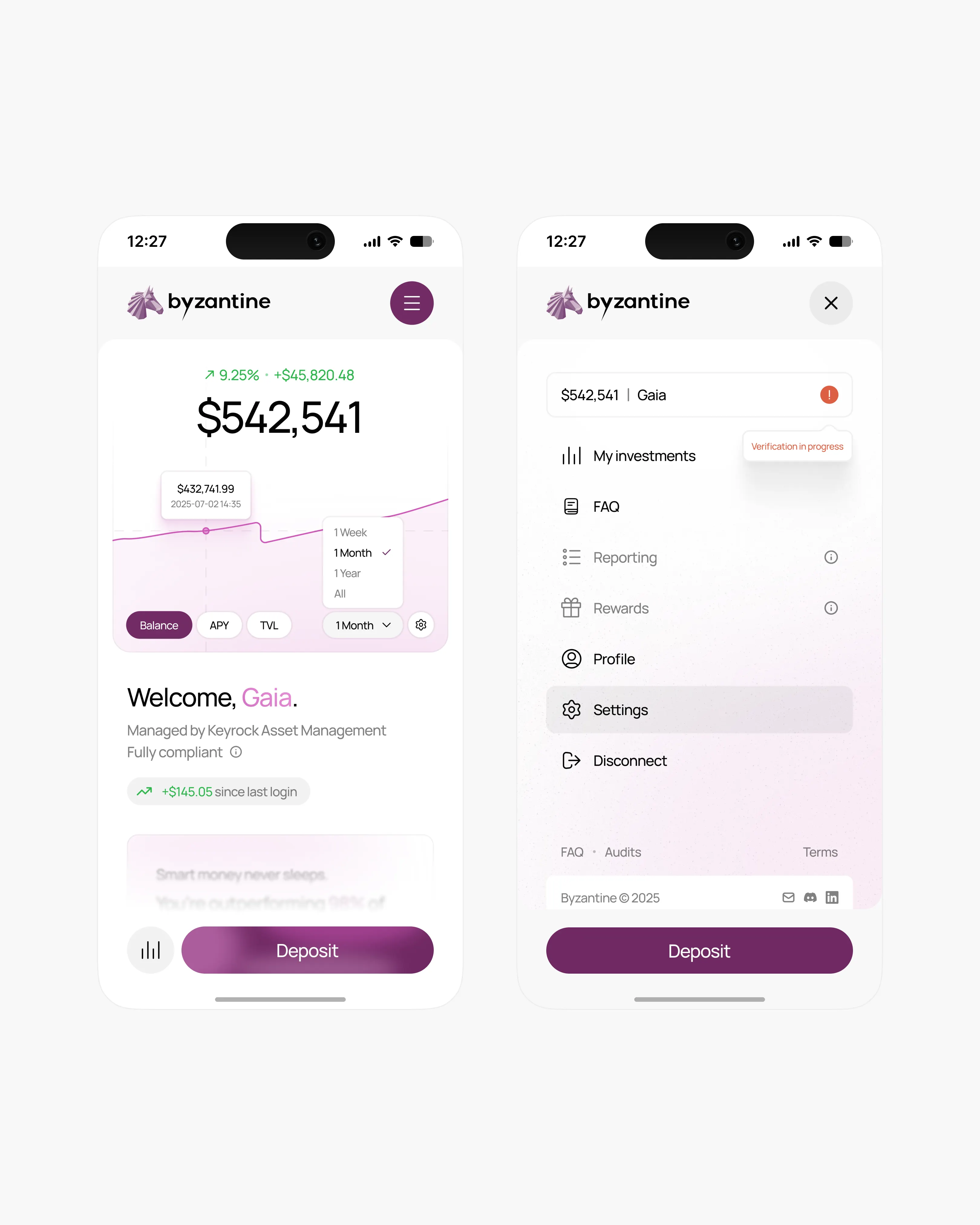 Byzantine app showing $542,541 balance with 9.25% gain and menu with investments, FAQ, profile, settings, and disconnect.