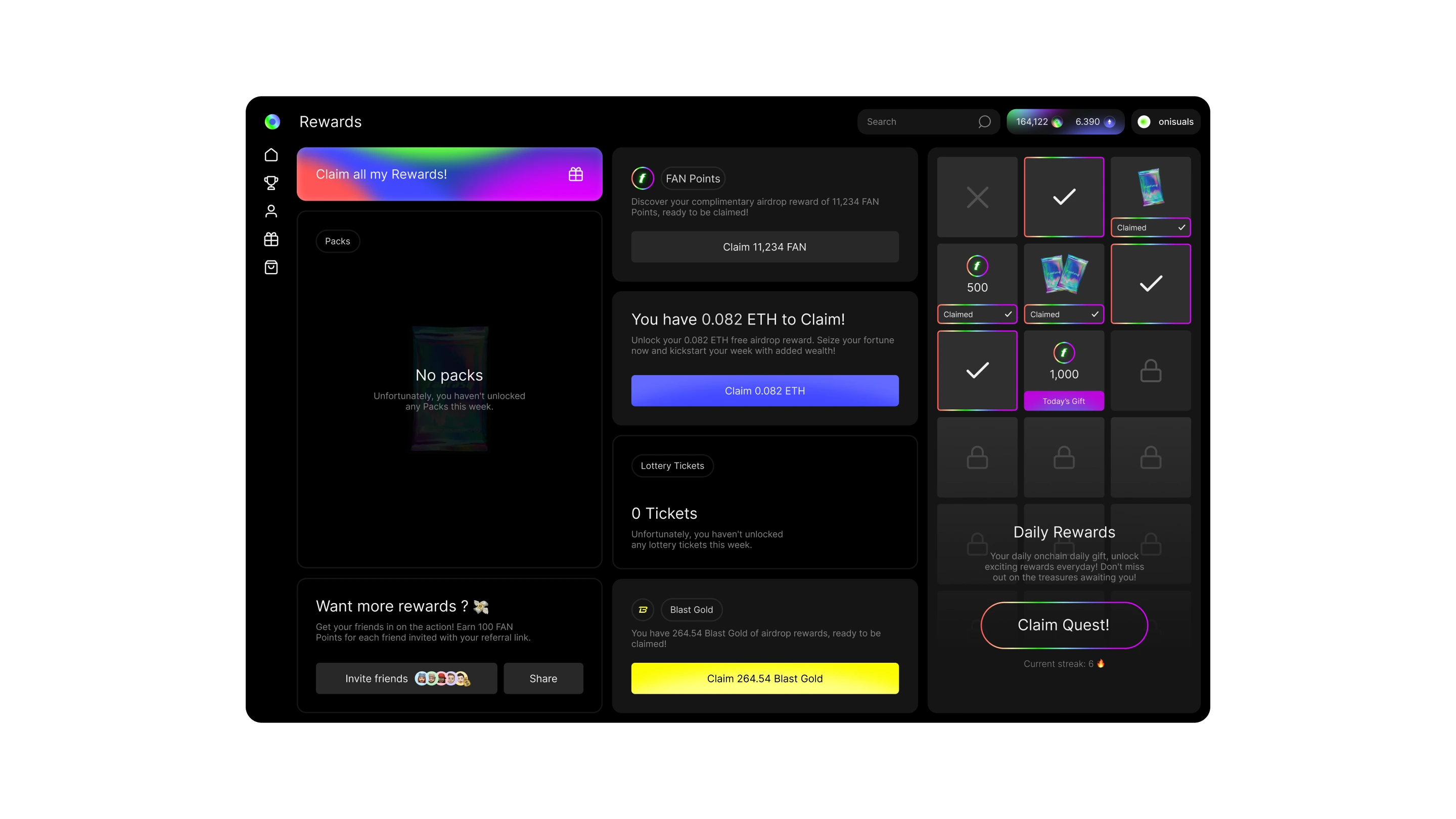 User dashboard showing claimable rewards including FAN points, ETH, Blast Gold, and daily quest streak.
