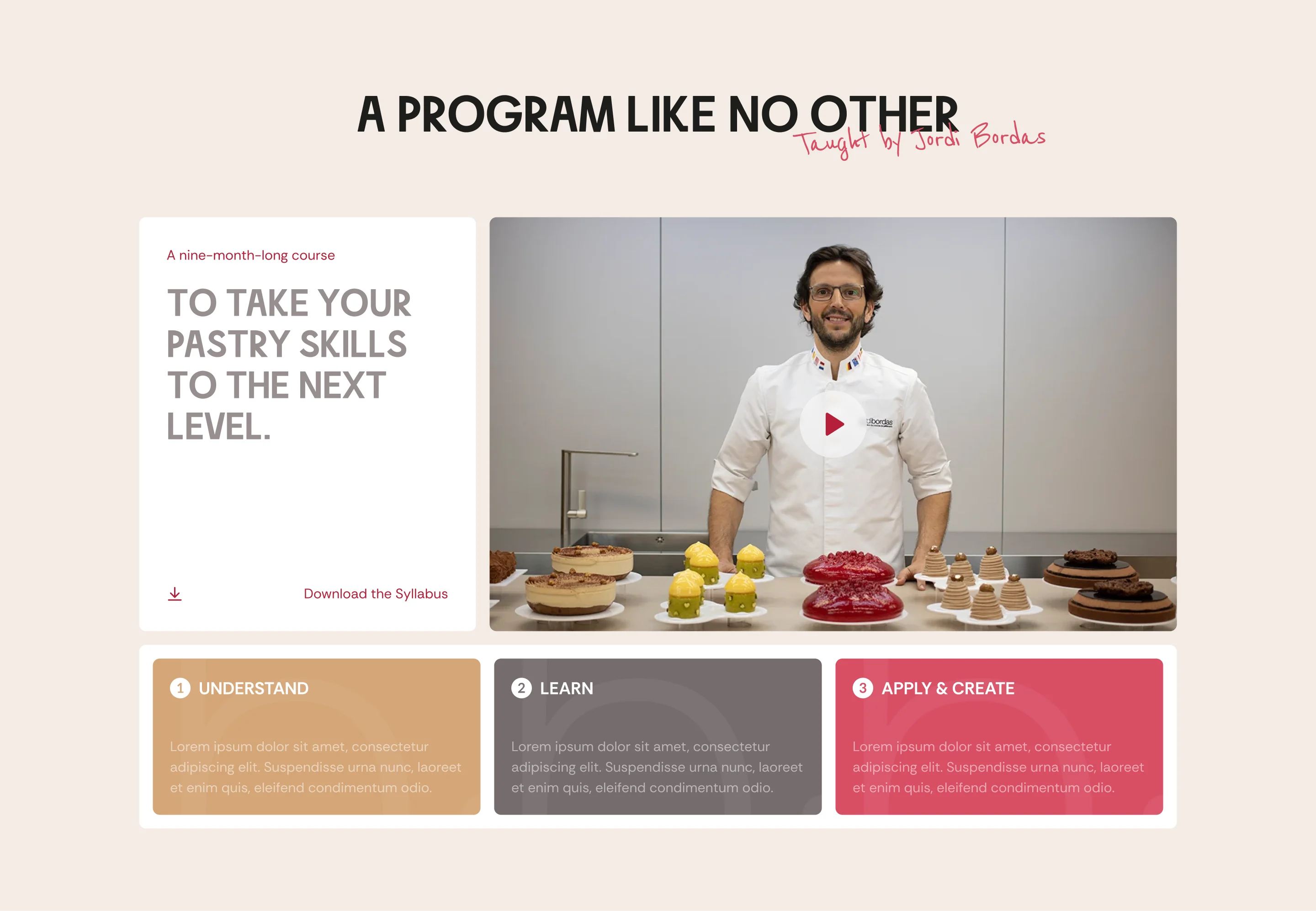 Pastry chef Jordi Bordas stands behind display of various pastries in kitchen promoting a nine-month course.