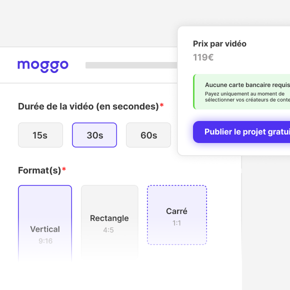 User interface in French selecting 30s video length and vertical format with price 119€ and project publish button.