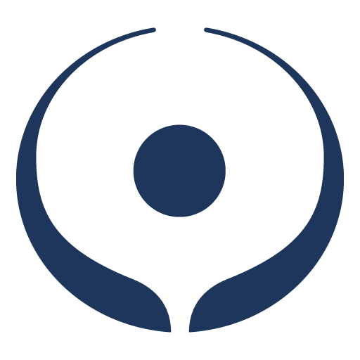 Abstract navy blue symbol with a central circle and curved shapes forming an open circular frame.