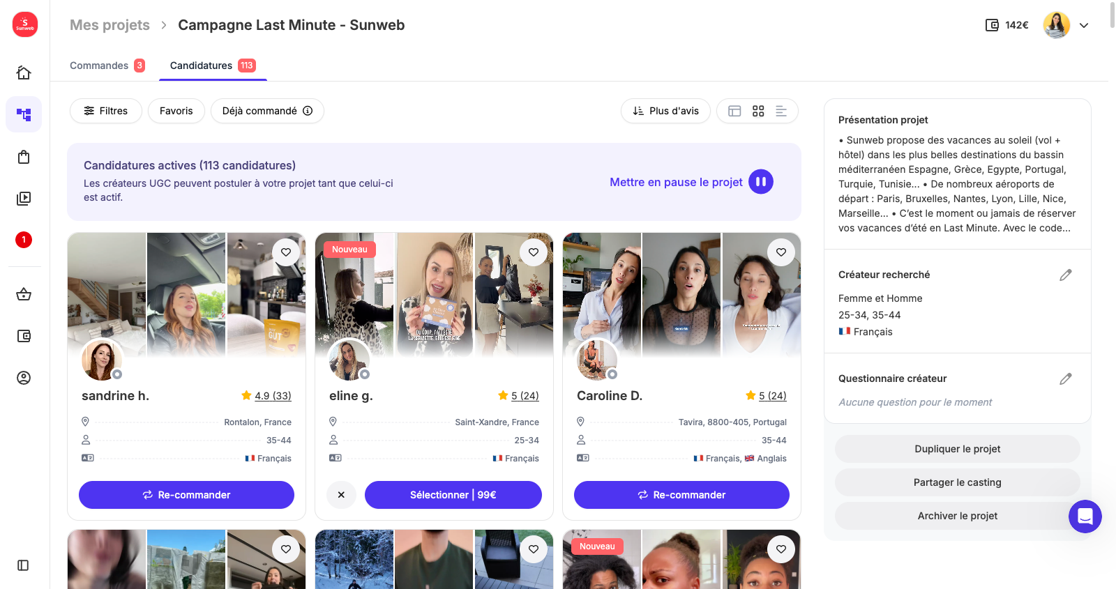 Dashboard showing influencer candidates for Sunweb campaign with profiles, ratings, and location info.