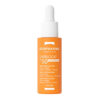 Orange bottle of Isispharma Uveblock SPF 50 sun serum with white dropper cap on black background.