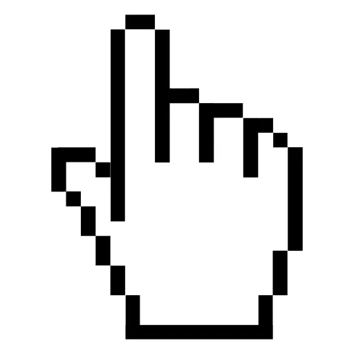 Pixelated white hand cursor with index finger pointing up on transparent background.