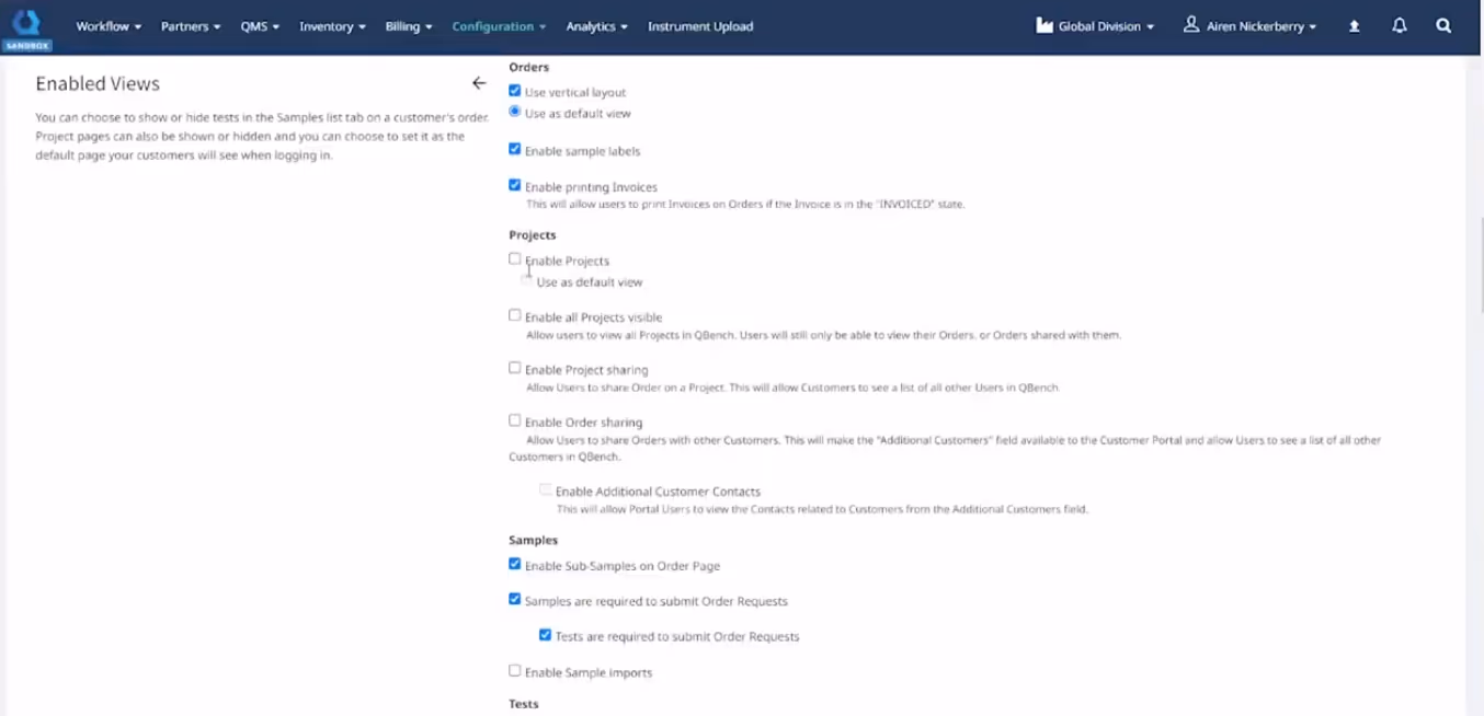 LIMS customer portal settings