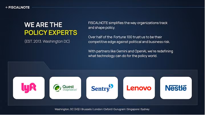 Slide with customer logos and FiscalNote office locations