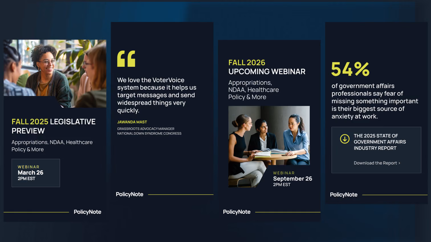Four PolicyNote social templates: legislative preview, pull quote, webinar promo and stat card