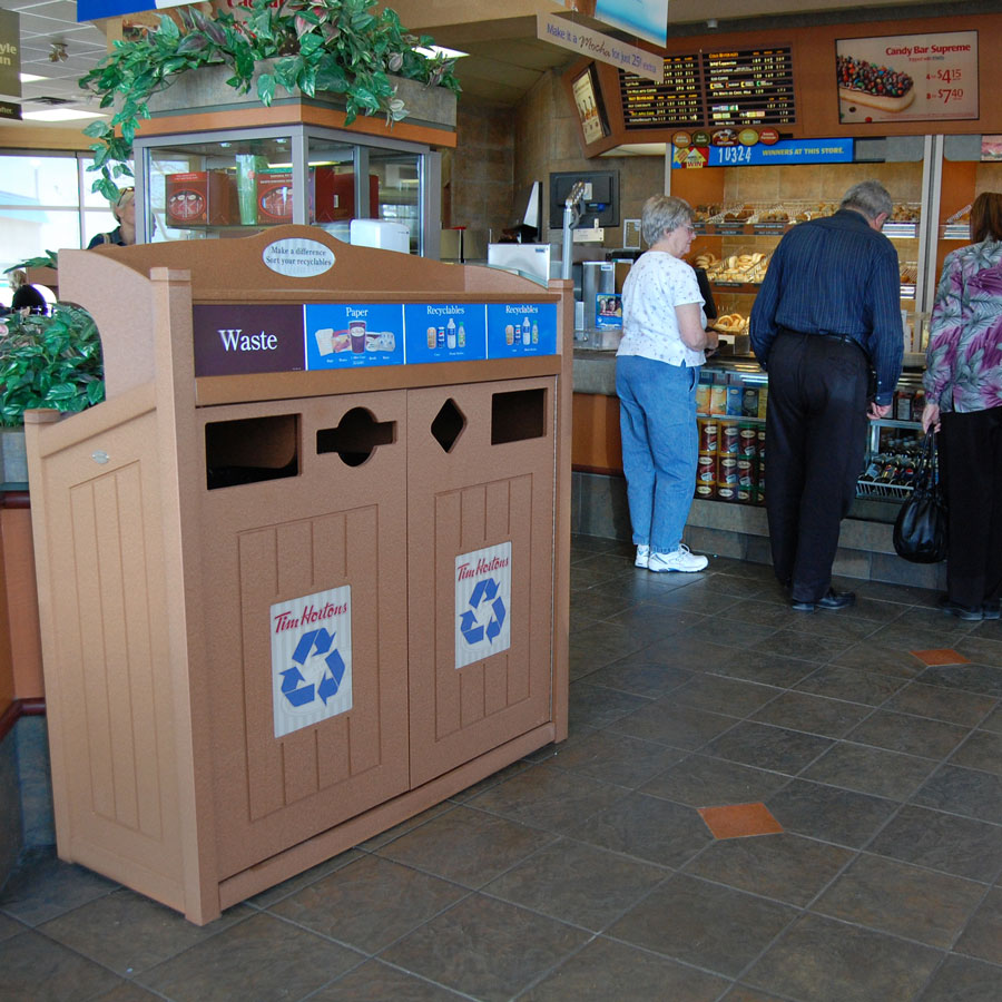 Clean River indoor recycling bins inside a Tim Horton's restaurant.