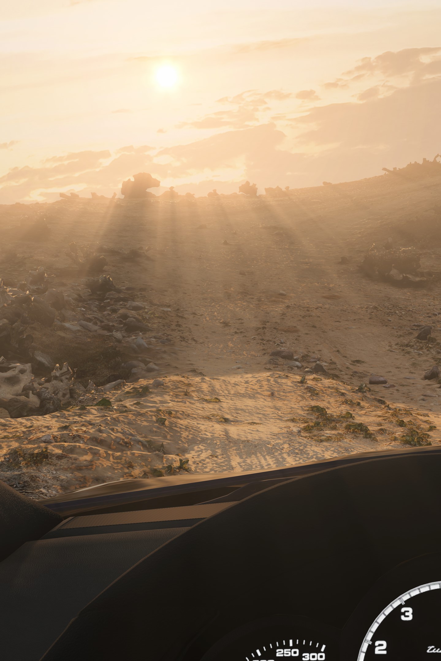 A screenshot of a sunset over a photorealistic off-road 4x4 dirt hill mod for Assetto Corsa made by Real Sim Roads.