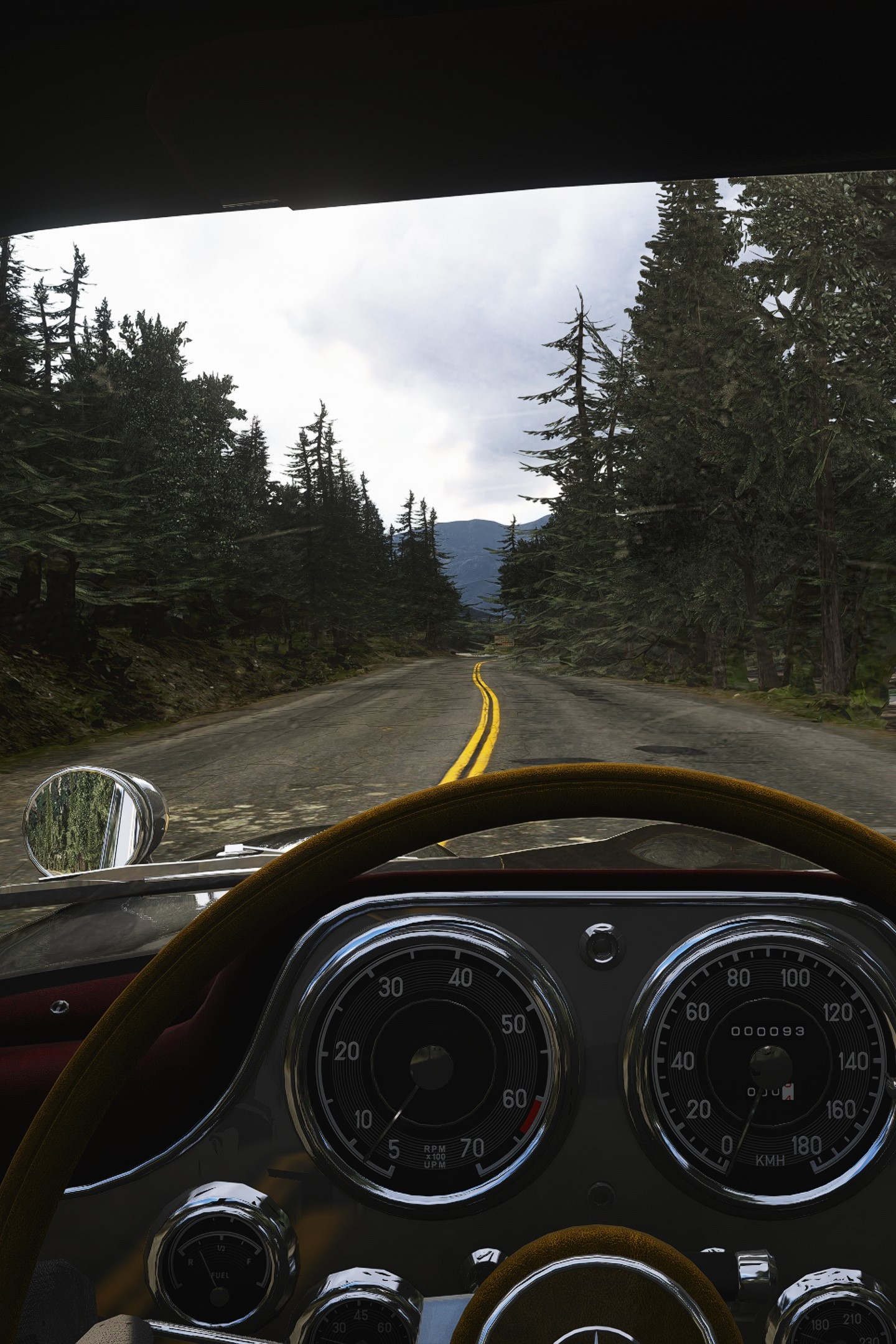 A photorealistic screenshot of the first-person view from the interior of a Mercedes-Benz 300SL converted for Assetto Corsa by Buja Gili looking out over horse tracks on Alpine Meadows Rd. by Real Sim Roads.